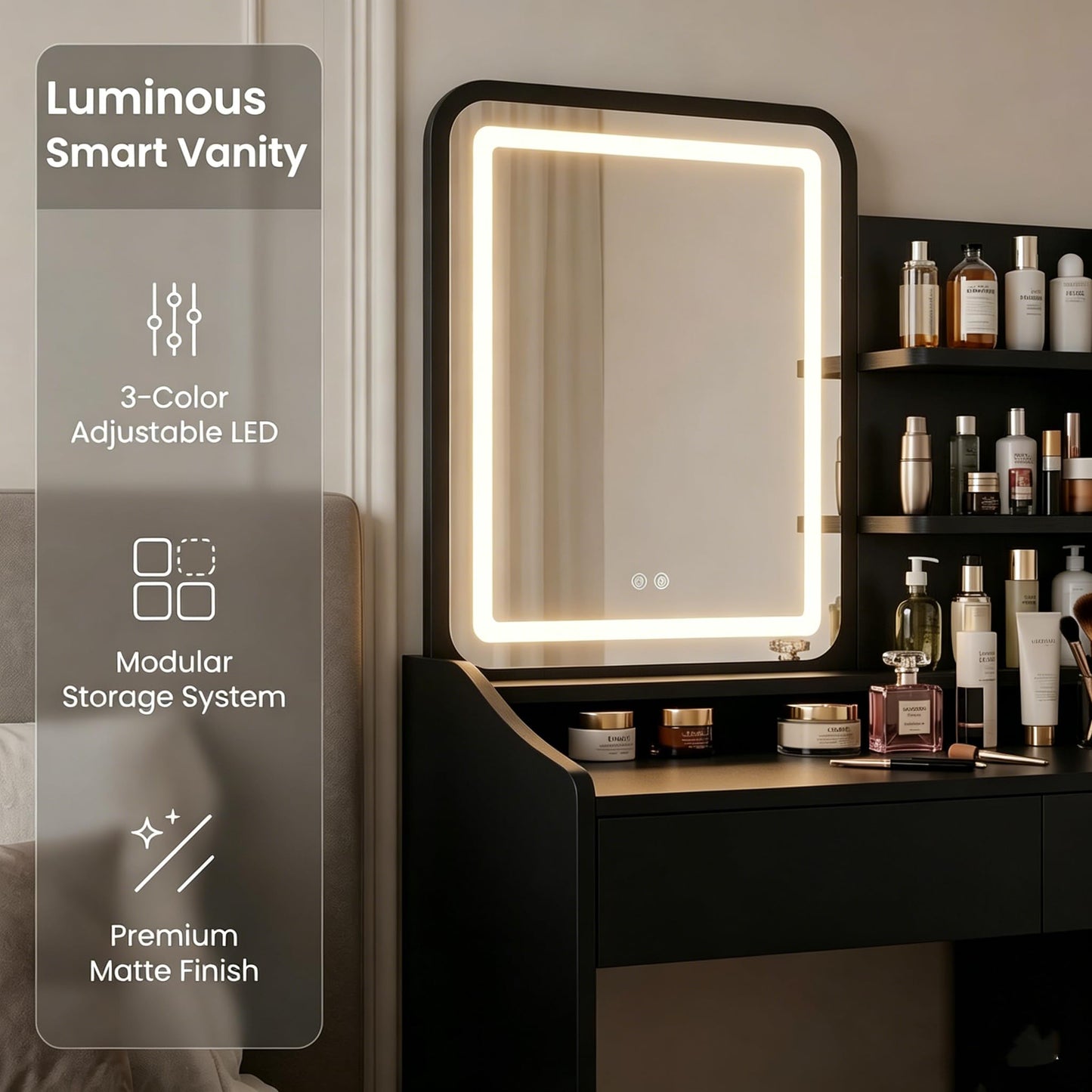 Oiroporz Vanity Desk with LED Mirror, Movable Cabinet, 5 Drawers & Open Shelves, 3-Color Adjustable Lighting for Bedroom