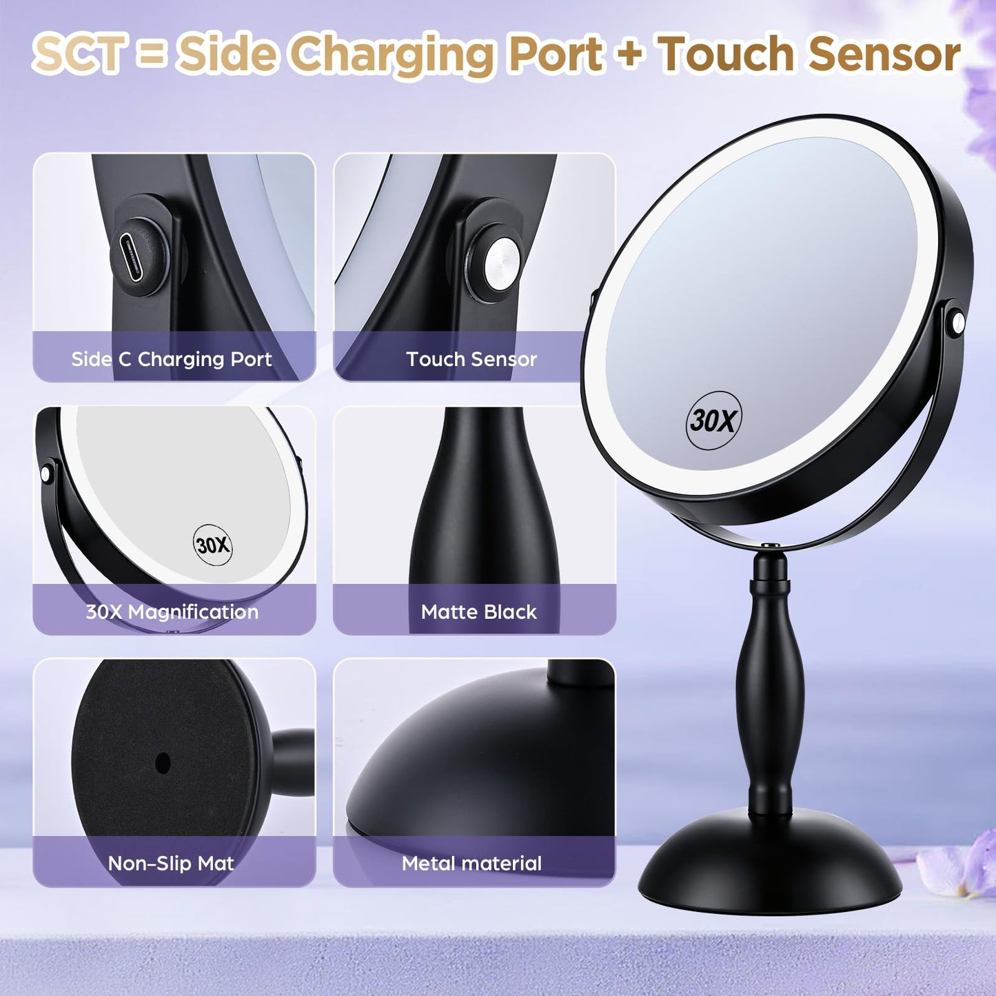 DASLAVA 30X Magnifying Mirror with Lights, 8" Dual Sided (1X/30X) Lighted Makeup Mirror, 360° Swivel, 5000mAh Rechargeable Side Touch & Side Charging, 3 Colors & Dimmable Brightness