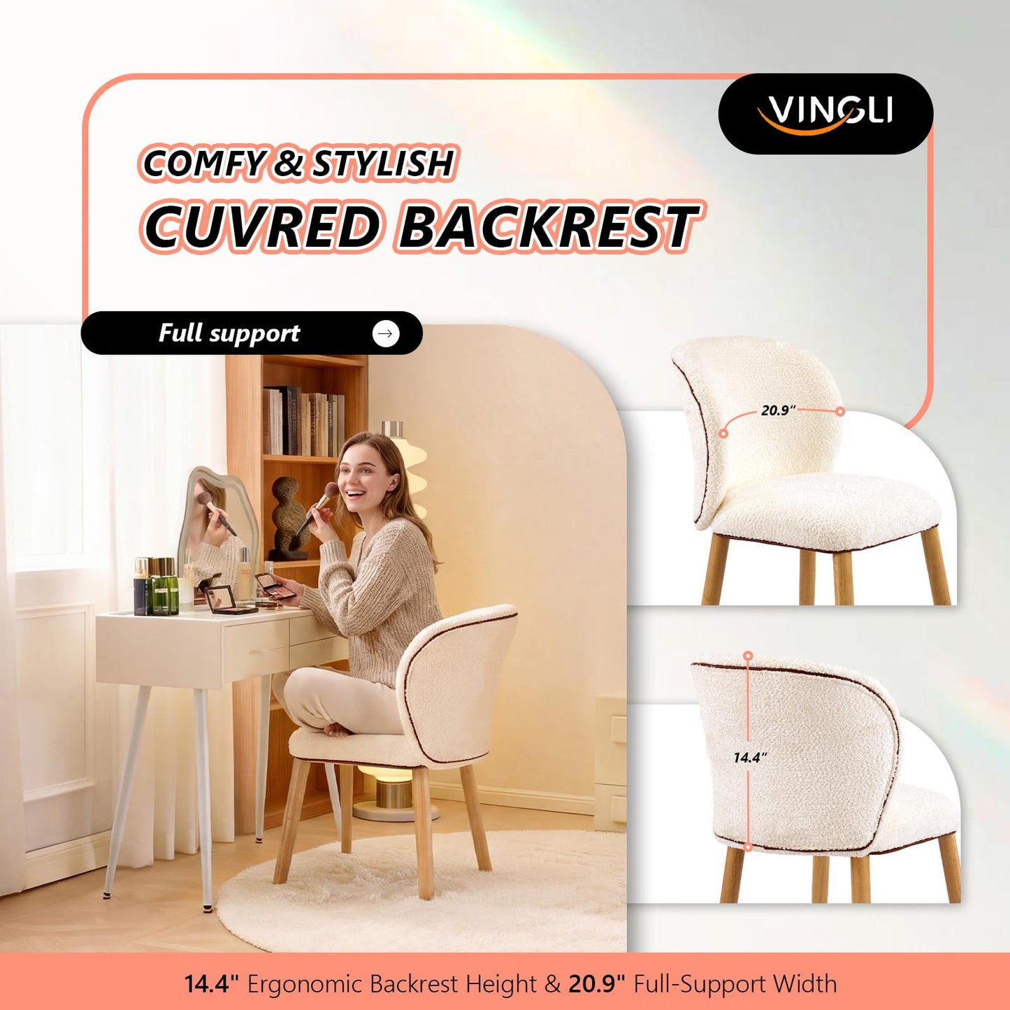 VINGLI Chenille Curved-Back Armless No Wheels Vanity Chair for Girls, Cute & Furry Upholstered Desk Chair with Solid Wood Legs for Study/Makeup/Bedroom/Dressing, Fluffy Makeup Chair for Teens, Beige