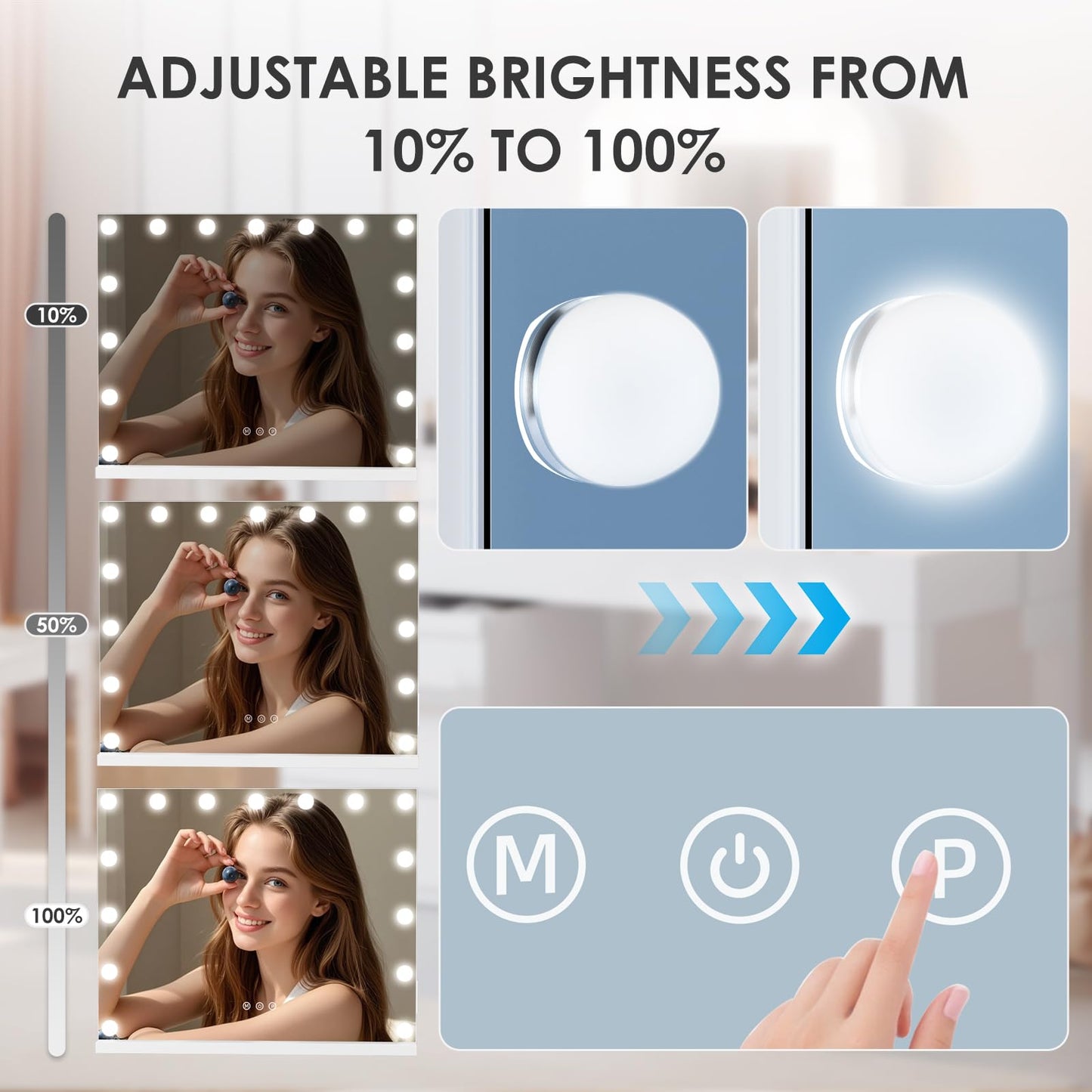 KOHEOPT Hollywood Vanity Mirror with Lights, 15 Dimmable Bulbs, 3 Color Lights,Make Up Lighted Mirror, Aluminum Metal Frame, USB Charging Port（23" x 18"）