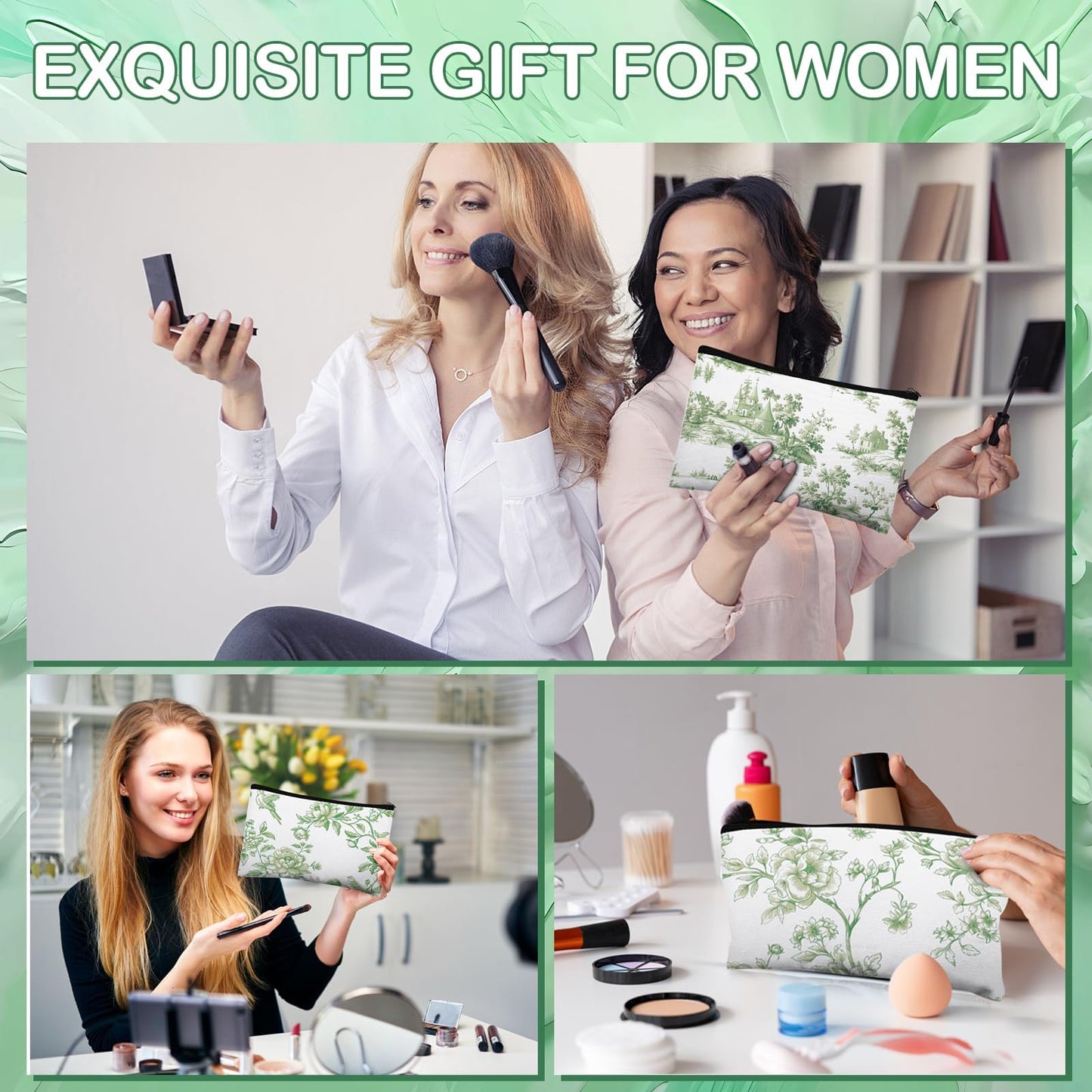 Stuffygreenus 16 Pcs Floral Cosmetic Bags Bulk for Women Sage Green and White Floral Makeup Bags Chinoiserie Canvas Travel Zipper Pouches Aesthetic Toiletry Bag for Girls Bridesmaids Wedding Supplies