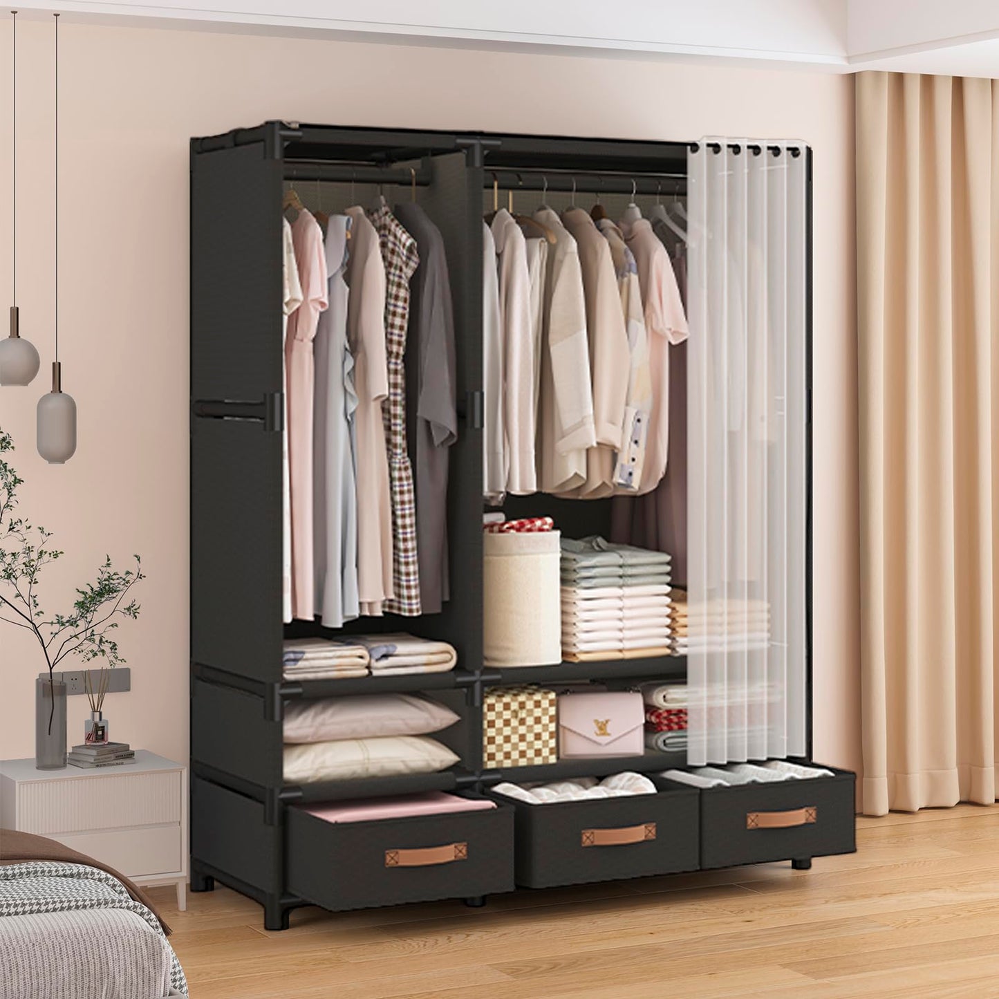 WEALTHYHEART Portable Closet for Hanging Clothes,Japanese Style Wardrobe Closet,Clothes Rack with 3 Drawers,1 Hanging Rods and 2 Storage Shelves,43.3" L x 17.7" W x 65.1" H,Black