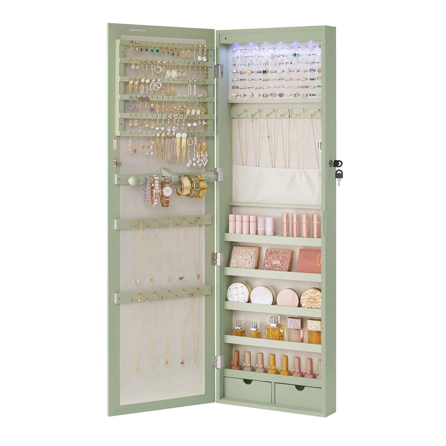 SONGMICS 6 LEDs Mirror Jewelry Cabinet, 47.2-Inch Tall Lockable Wall or Door Mounted Jewelry Armoire Organizer with Mirror, 2 Drawers, 3.9 x 14.6 x 47.2 Inches, Laurel Green UJJC093C01
