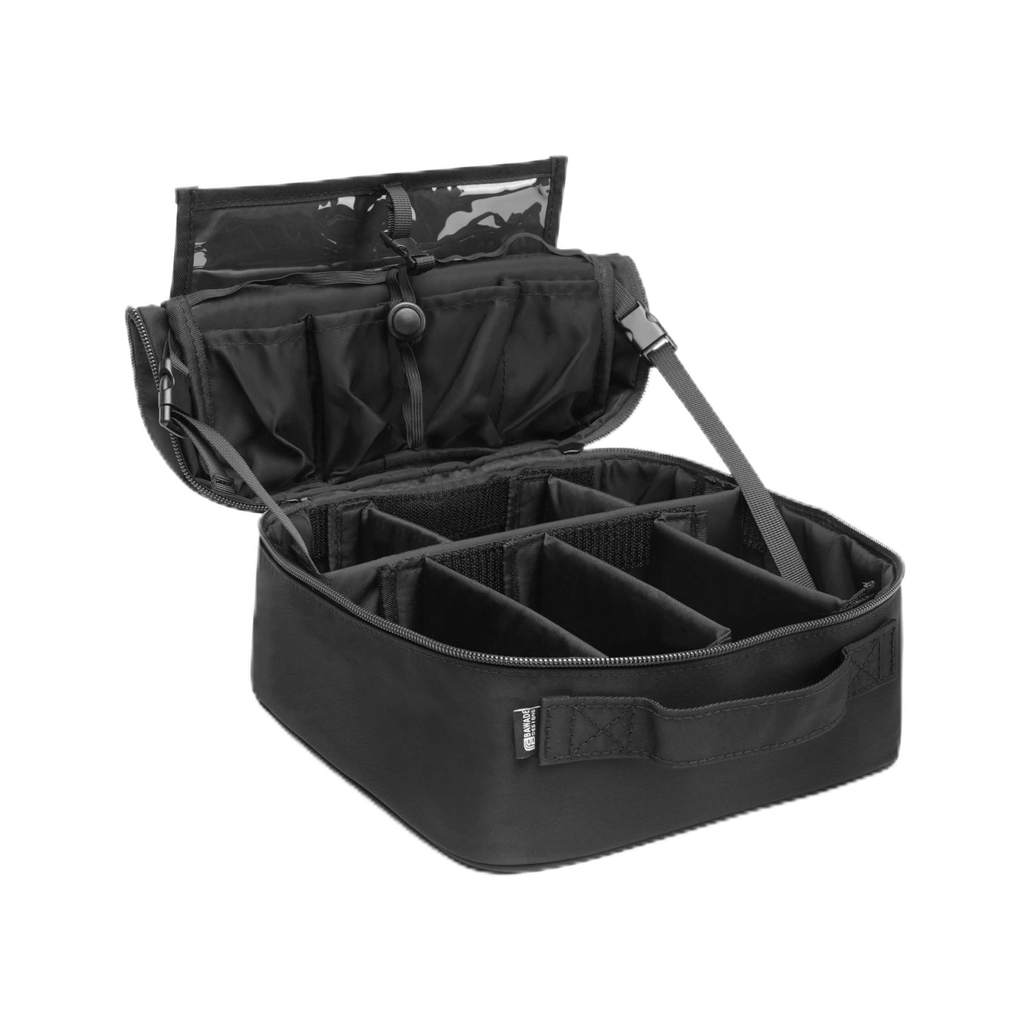 BAWADE Travel Makeup Bag with Brush Compartment, Cosmetic Organizer with Adjustable Dividers, Wide-Open Design, Portable Makeup Case with Handle and Luggage Strap for Women, Black