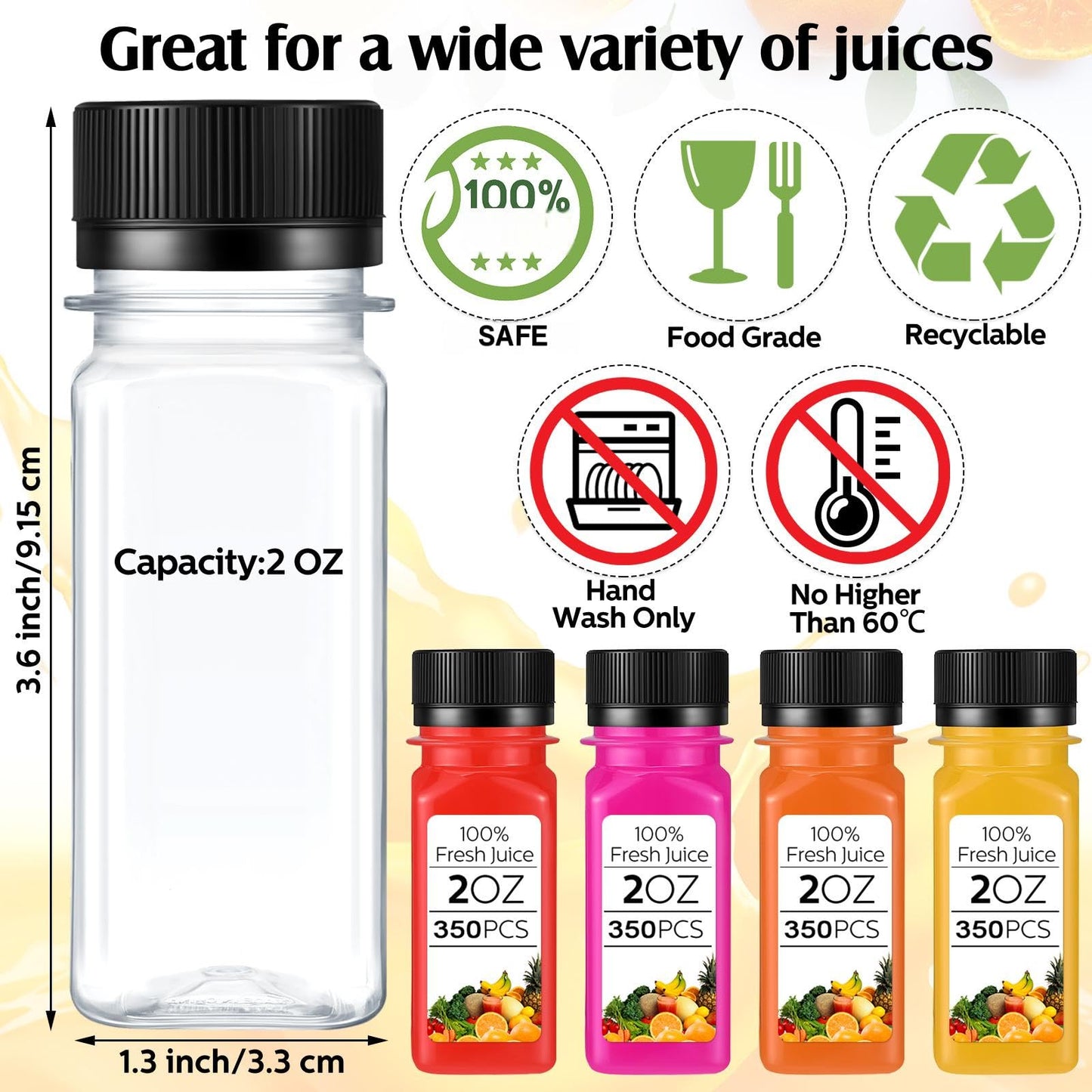 Sliner 350 Pcs 2oz Clear Plastic Bottles Mini Juice Bottle with Screw Lid Small Empty Reusable Liquid Vial Freezer Beverage Container Leak Proof for Juice Milk Water