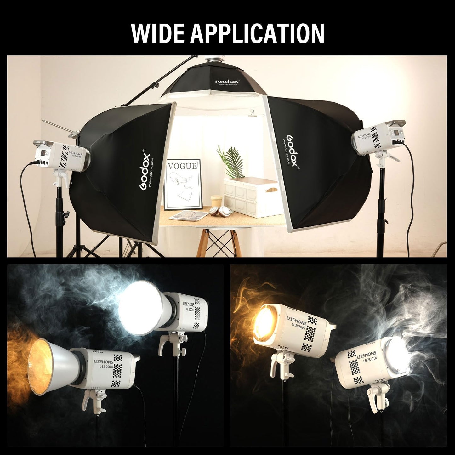 GODOX 3Pack LE300Bi Light Kit, Godox Litemons LE300Bi Video Light with Softbox Light Stand, Bowens Mount, DMX/Bluetooth APP Control, NFC Connection, 2800K~6500K, 58900Lux@1m, CRI/TLCI98, 11 Fx Effects