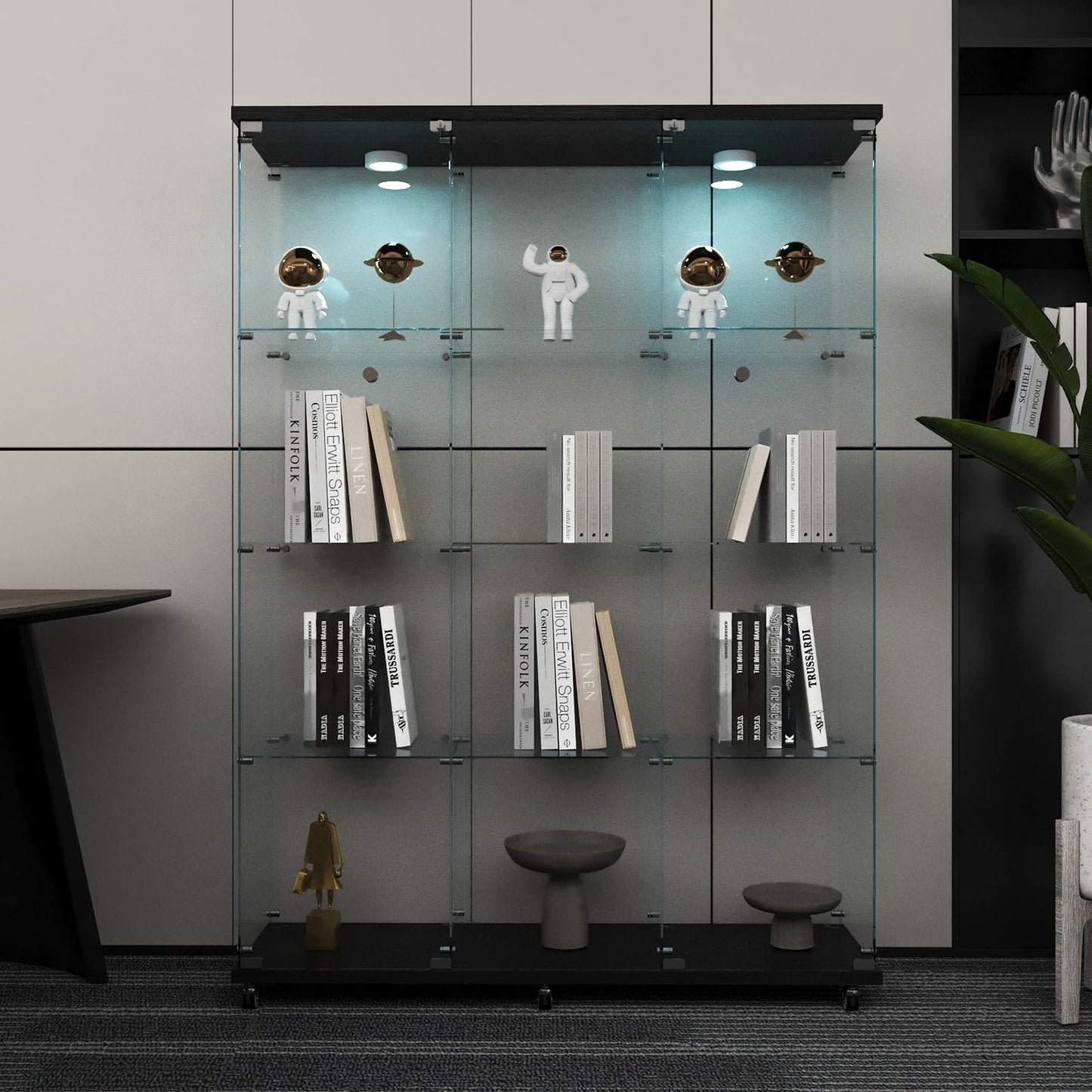 Beauty4U Glass Display Cabinet with LED Lights, Extra Large 3 Columns 2 Doors Curio Cabinets with 12 Shelves for Living Room, Bedroom, Office, Black Floor Standing DIY Glass Bookshelf