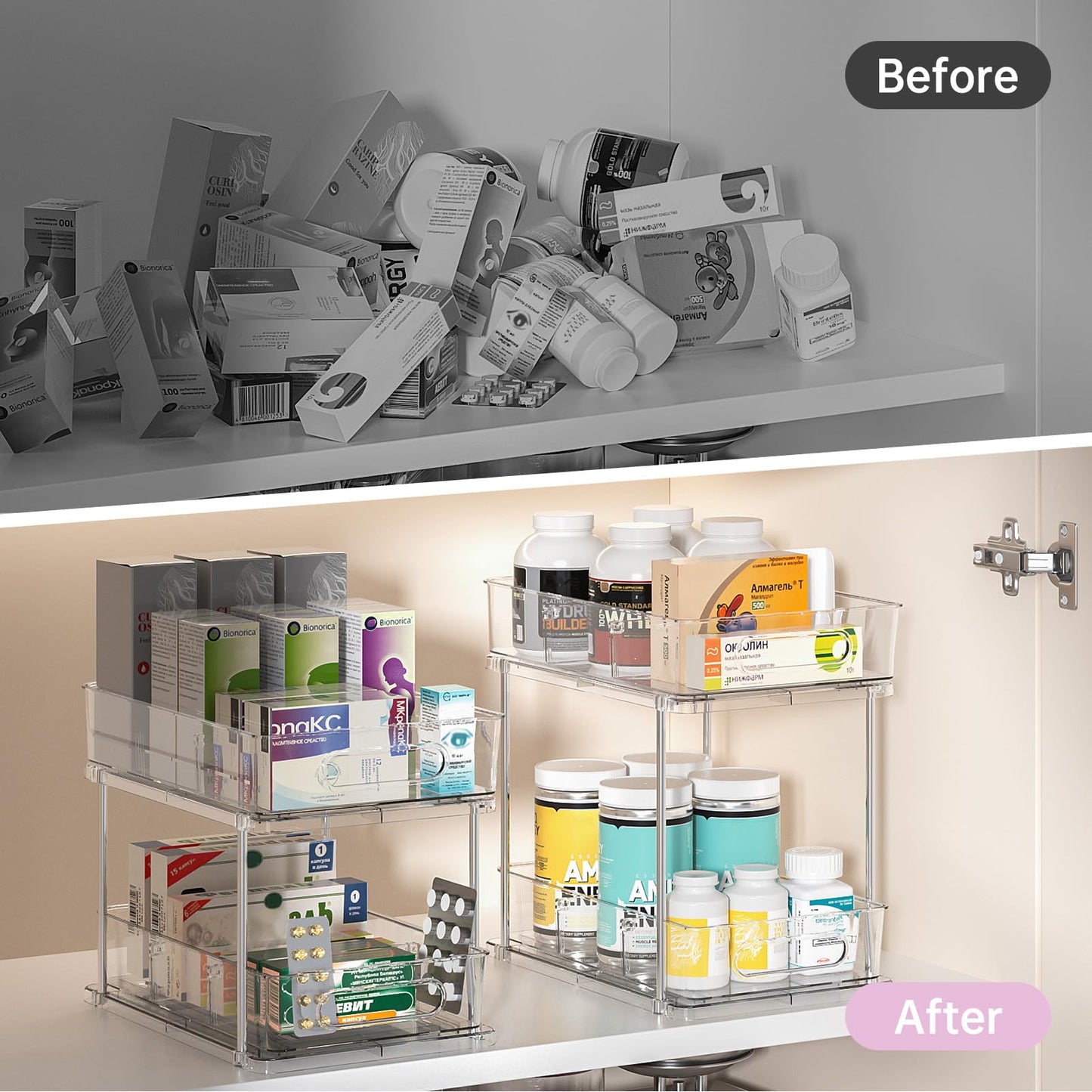 Delamu 2 Tier Under Sink Organizer Bathroom, Bathroom Cabinet Organizer with Snap-Lock Design and Hooks, Pull Out Storage with Movable Dividers, for Countertop, Kitchen and Pantry (Clear, 2 Pack)