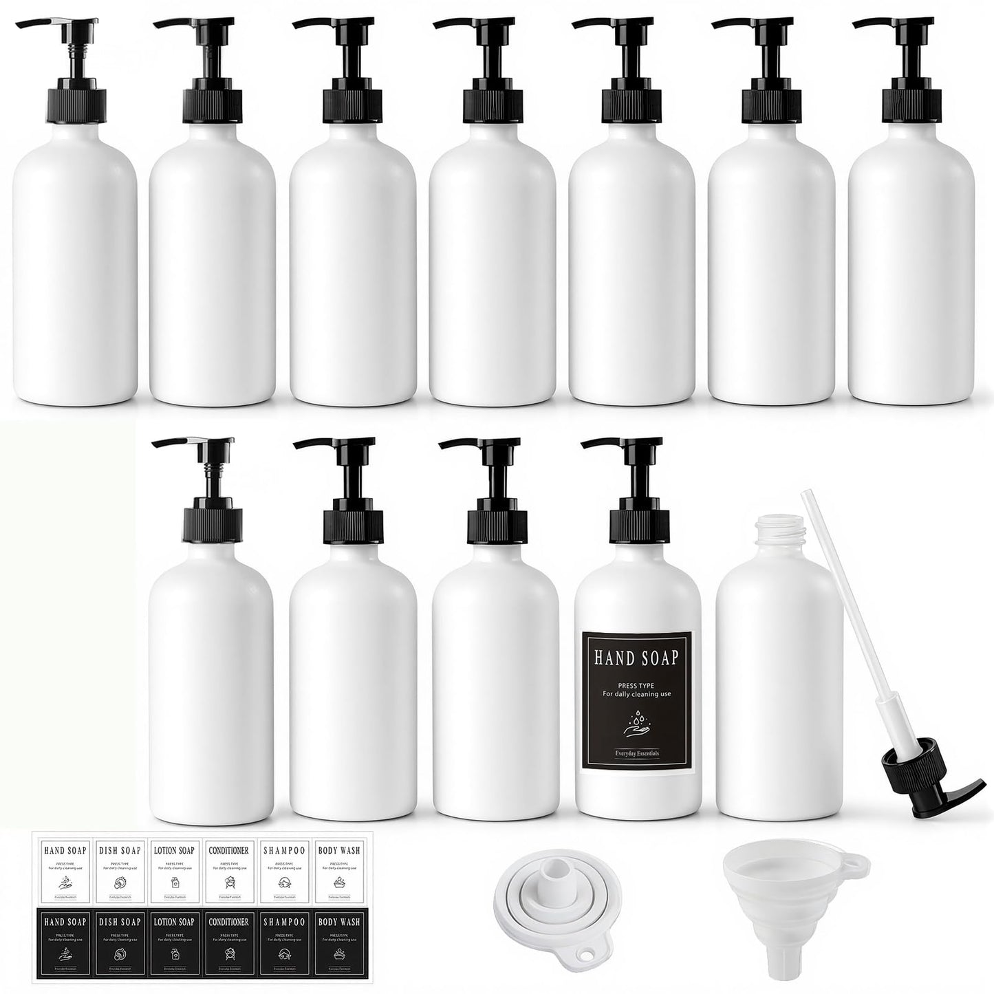 TBWIND 12 Pack 8oz White Glass Soap Dispenser Bottles with Pumps, Refillable Glass Bottles for Shampoo, Conditioner & Lotion, Ideal for Bathroom, Kitchen, Waterproof Labels & Funnels Included