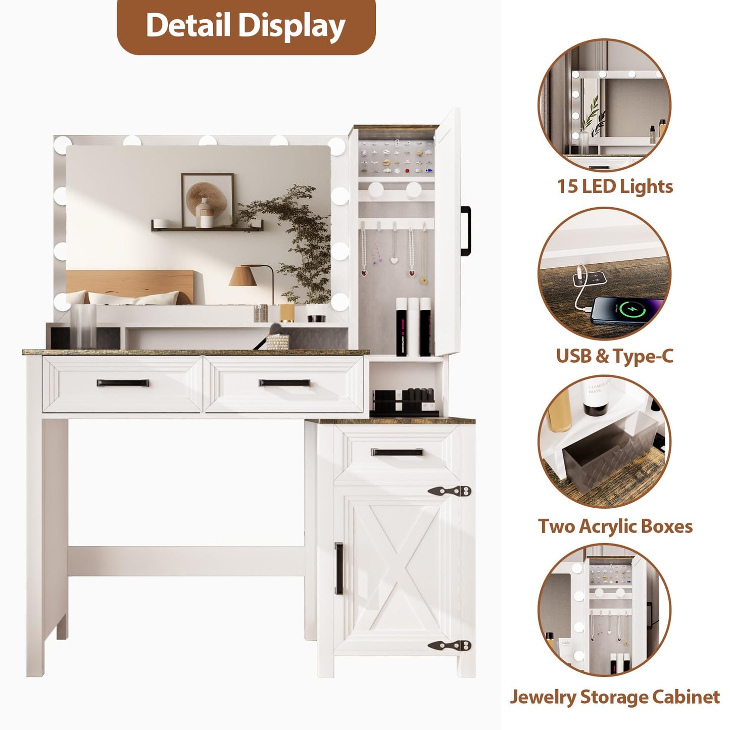 Topcomfy Vanity Desk with LED Mirror, Charging Ports, Farmhouse Makeup Vanity Desk with 3 Drawers & Jewelry Storage, 3 Adjustable Light Colors, Makeup Vanity, White