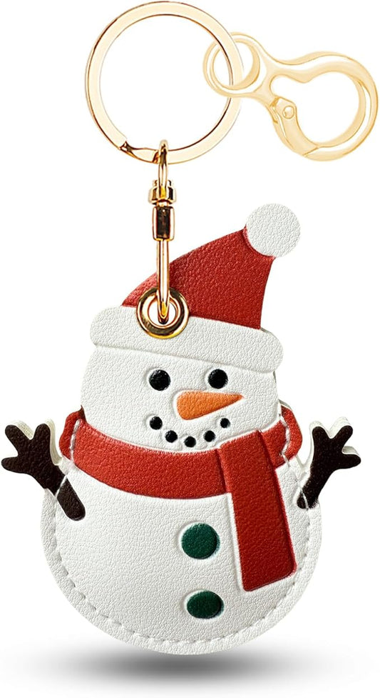 Leather Keychain for Airtag, Cute Protective Keychain Holder Compatible with Apple Air Tag,GPS Item Tracker Case Cover for Keys,Bags,Pets,Luggage(Snowman)