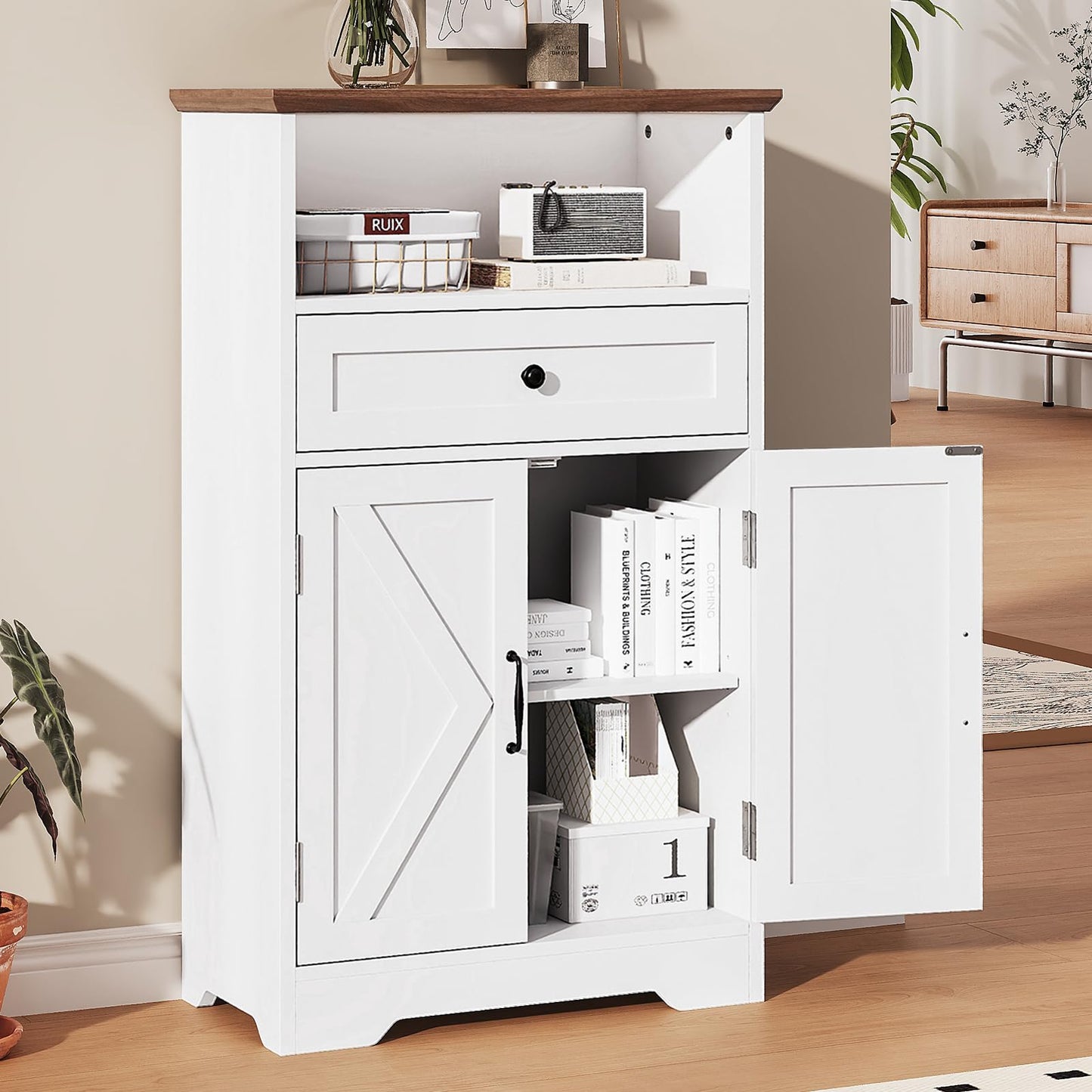 Viroformo Floor Cabinet, Farmhouse Storage Cabinet with Barn Doors and Drawer, 11.81" D x 23.62" W x 39.37" H White Freestanding Adjustable Shelf Organizer for Bathroom, Kitchen, Living Room