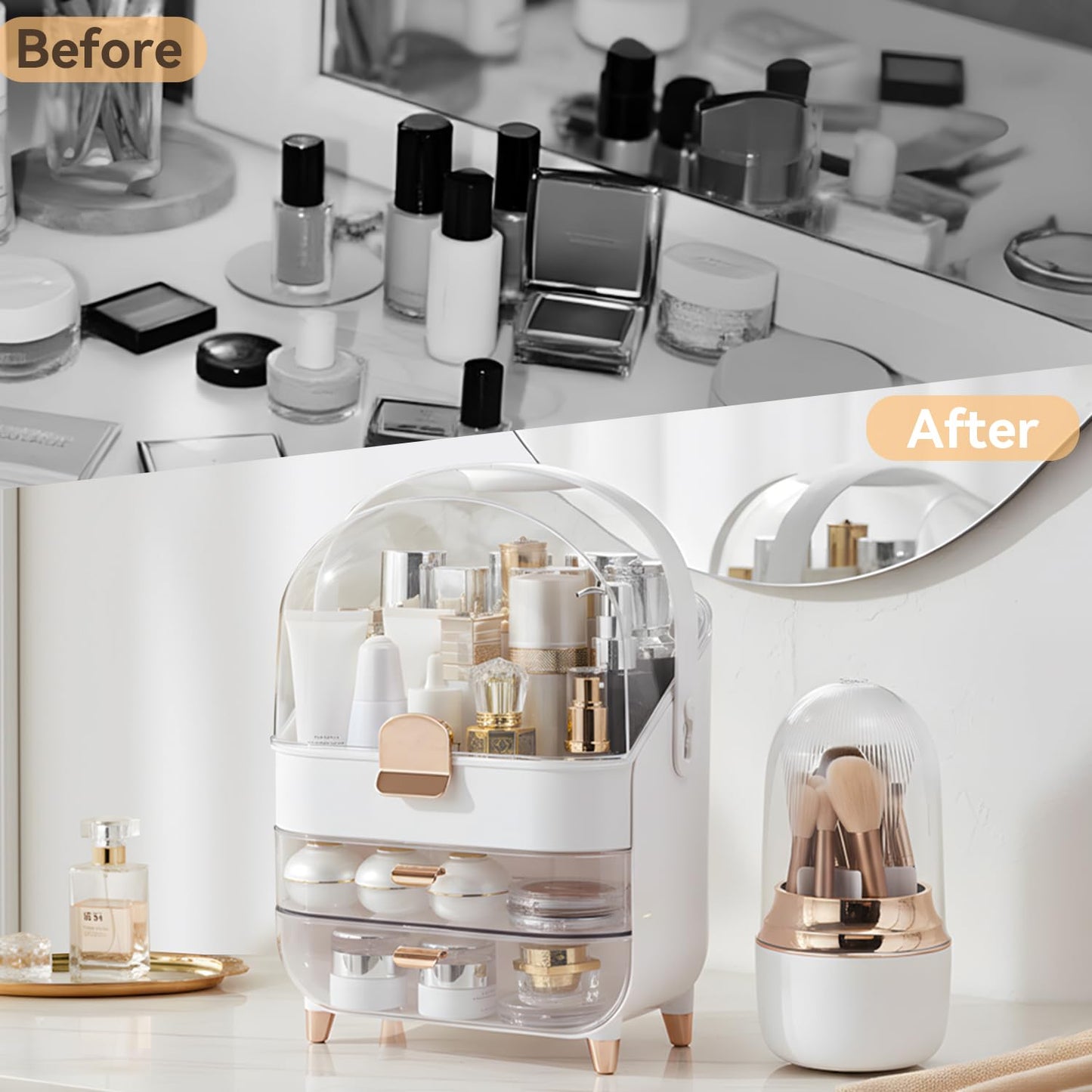 Makeup Organizer Countertop, Skincare Bathroom Counter Organizer, Storage Box Cosmetic Display Cases, Teen Girl Gifts Trendy Stuff Make up Organizers for Vanity, Dresser (Rose Gold)
