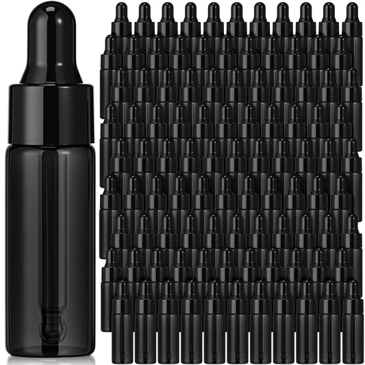 Bokon 100 Pcs Glass Dropping Bottles Mini Essential Oil Dropper Bottles Empty Sample Vials with Black Cap Tiny Storage Jars with Dropper for Perfumes Cosmetic Liquid Aromatherapy Lab(Black,5 ml)