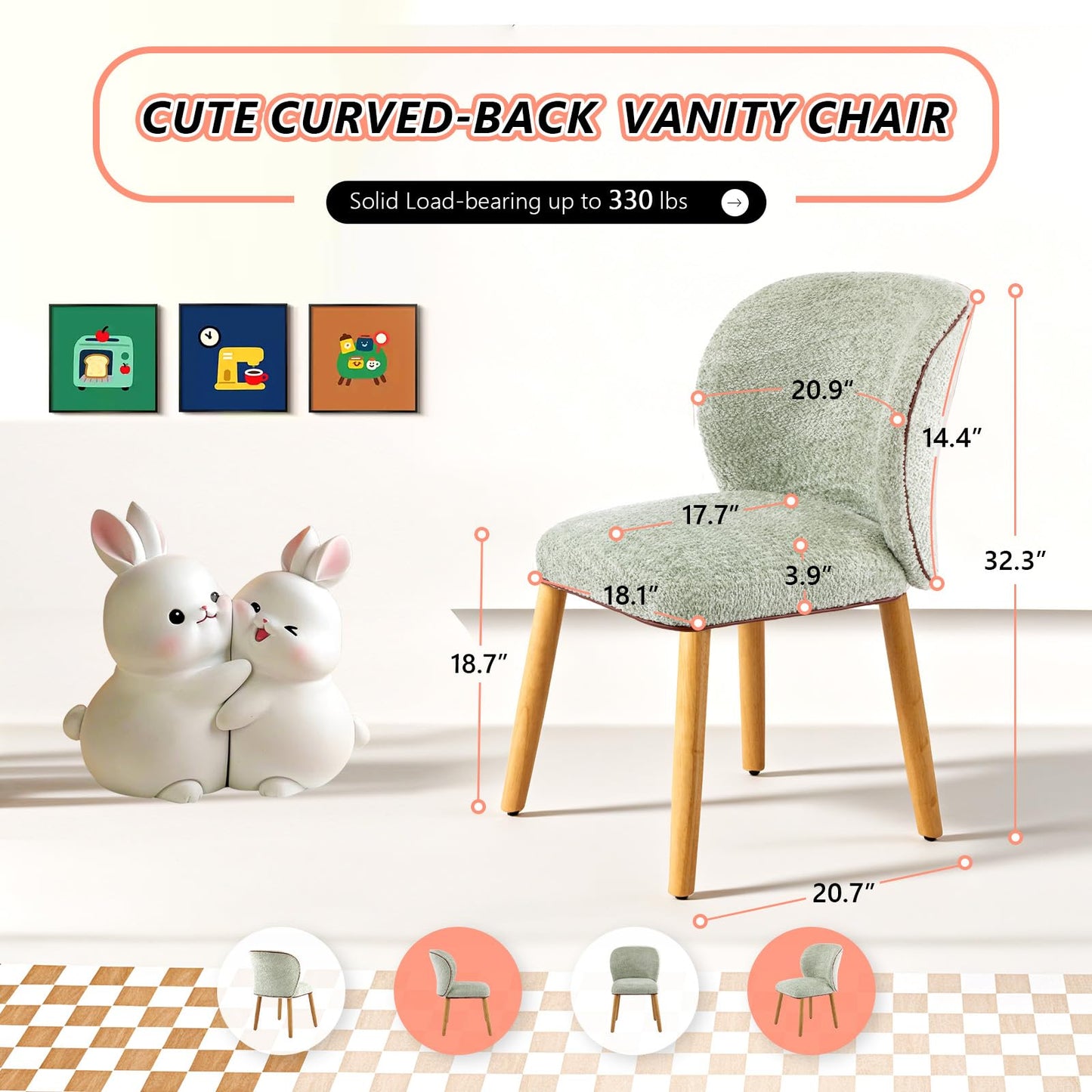 VINGLI Chenille Curved-Back Armless No Wheels Vanity Chair for Girls, Cute & Furry Upholstered Desk Chair with Solid Wood Legs for Study/Makeup/Bedroom/Dressing, Fluffy Makeup Chair for Teens, Green