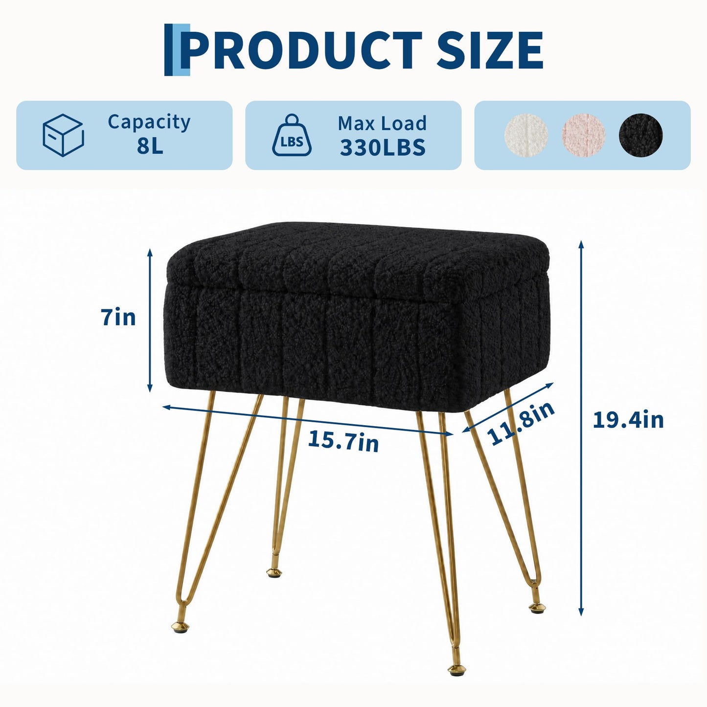Garvee Vanity Stool with Storage, Faux Fur Ottoman with Metal Legs and Anti-Slip Feet, 15.7 x 11.8 x 18.7 Inches Soft Furry Padded Seat Foot Rest for Makeup Bedroom Living Room