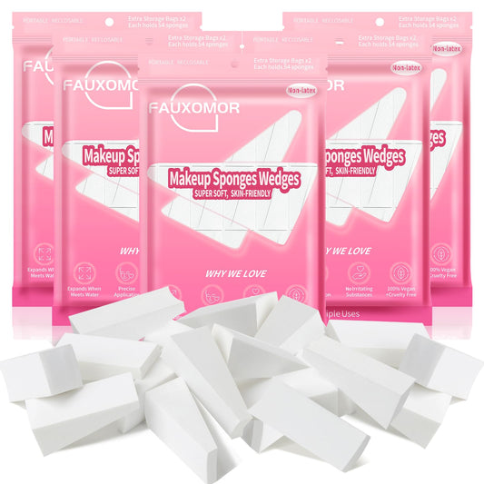 Fauxomor 540 Pcs New Makeup Sponges Wedges for Face Foundation, Latex-Free Triangle Cosmetic Make Up Sponge for Flawless Application and Blending, Beauty Blender for All Skin Types with Ten Pouches