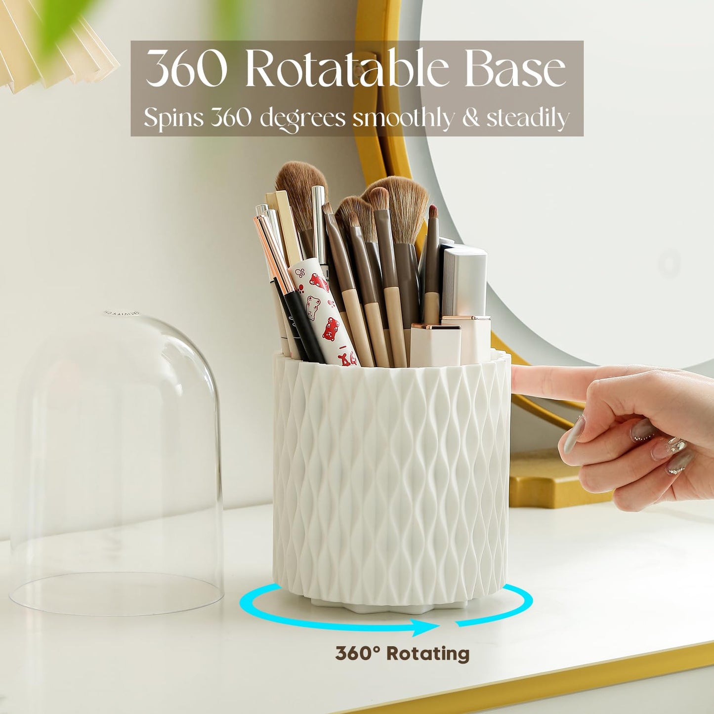 Imakmasion Makeup Brush Holder with Lid, 360° Rotating Dustproof 5-Slot Cosmetic Organizer for Vanity Countertop, Spinning Brush Caddy with Cover for Lipstick, Hair Brush & Art Supply, White