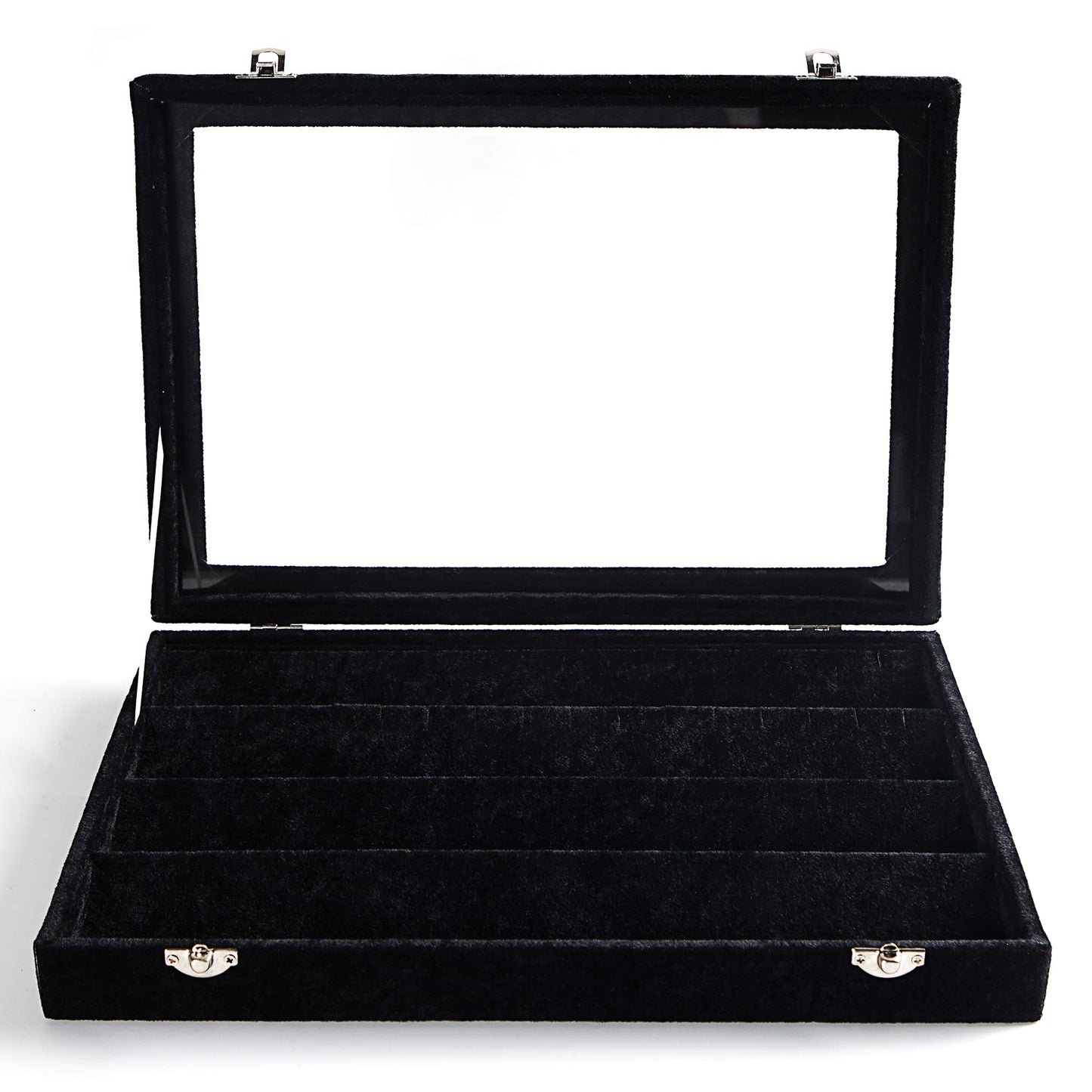 Frebeauty Earring Organizer Tray with Clear Lid 64 Slots Velvet Drawer Insert Earring Storage box with Transparent Glass lid Jewelry Display Case with lock Gifts for Women (Black, Earrings)