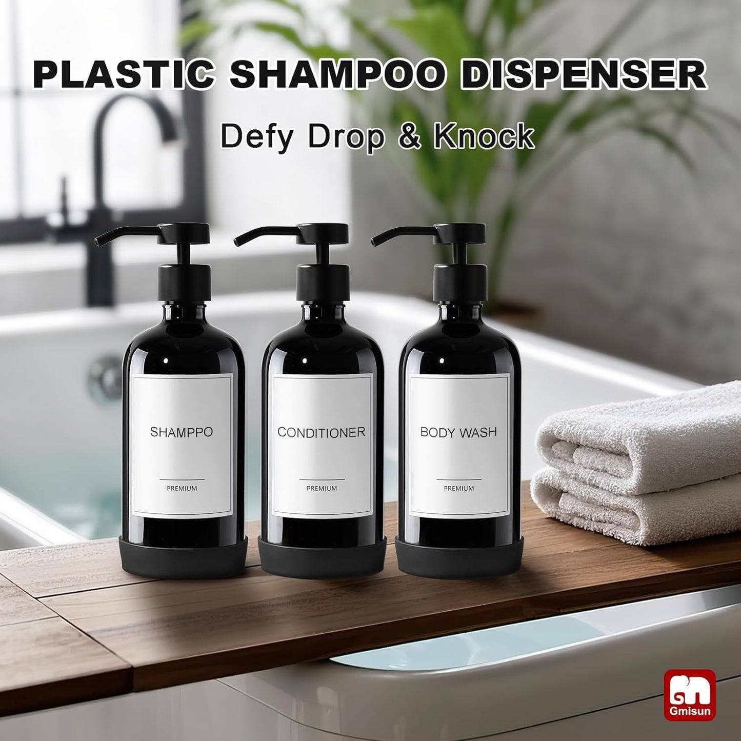 GMISUN Plastic Shampoo and Conditioner Dispenser with Silicone Sleeves, 21 oz Black Shower Soap Dispenser Bottles with Labels, Refillable Shampoo Conditioner Body Wash Dispensers Set of 3