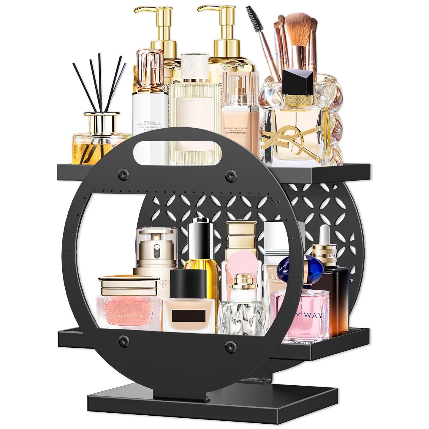 Gouisalin Makeup Organizer for Vanity, 2-Tier Black Perfume Stand Organizer for Dresser, Bathroom Countertop Organizers Bathroom Counter Shelf Skincare Holder Storage Tray Cosmetic Display Rack
