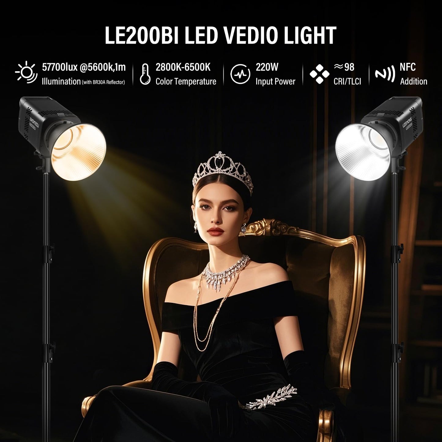 Godox Litemons LE200Bi Bi-Color LED Video Light Kit with Softbox Light Stand Reflector CRI 98+, 2800K-6500K, 57700 Lux Output, DMX/App Control for Studios Ultra Quiet for Content Creation