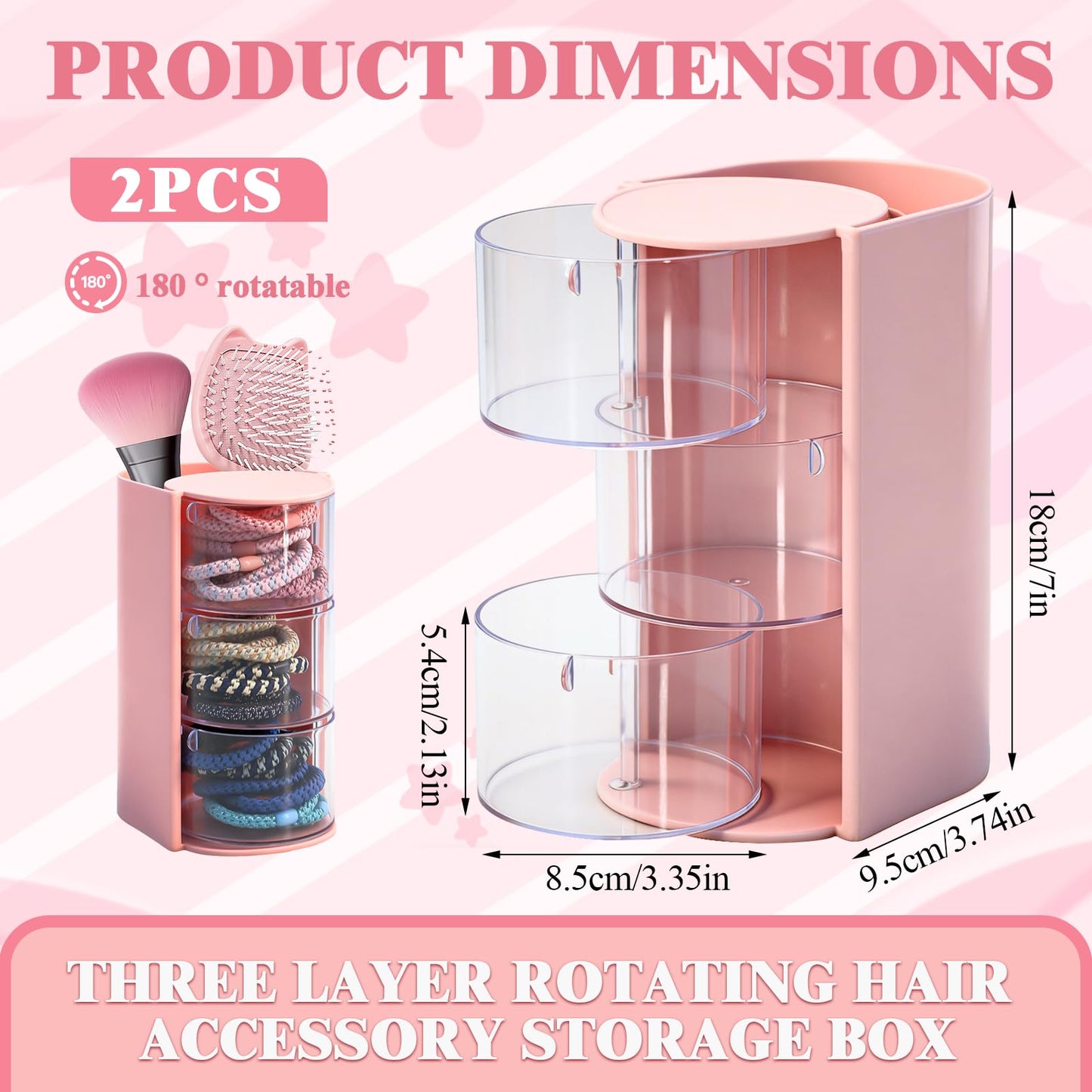 SPOKKI 2 Pcs Hair Accessories Organizer with Hair Brush Holder, 3-Tier Rotating Makeup Brush Organizer, Hair Tie Hair Clip Organizer, Jewelry Hair Storage Organizer for Girls, Pink