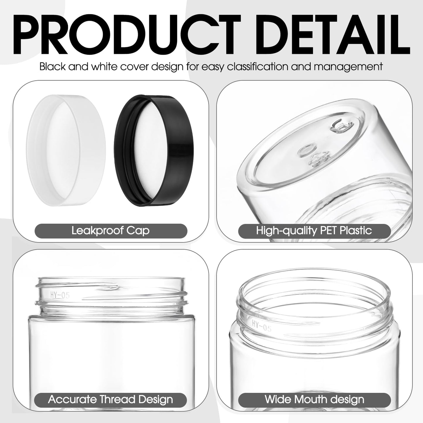 Meanplan 100 Pcs 2 oz Plastic Jars with Lid Mini Mason Jars with Lids Clear Round Cosmetic Container for Travel Storage, Lotion, Cream, Kitchen Use, DIY(Black, White, Pp)