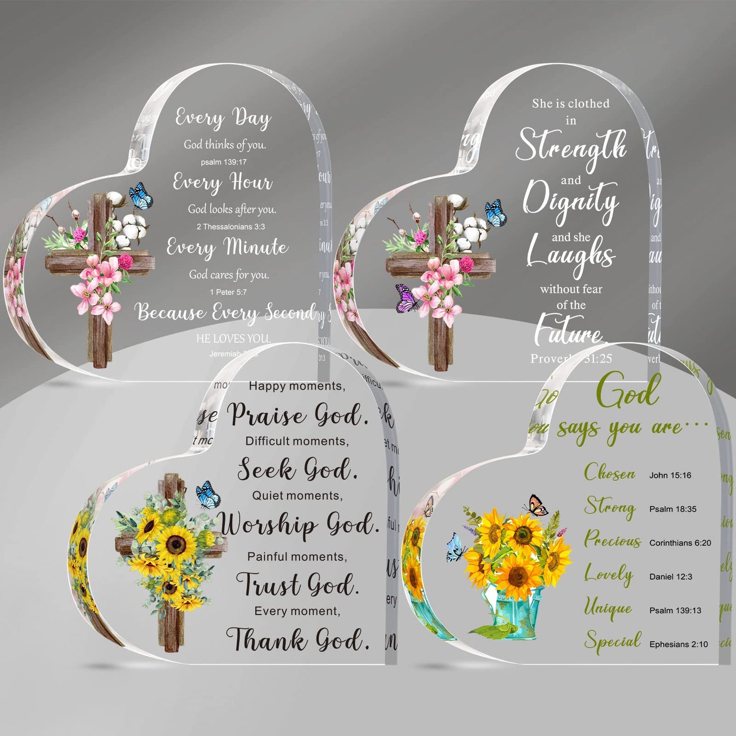 Pinkunn 4 Pcs Christian Gifts for Women, Inspirational Acrylic Bible Verse Decor, Religious Heart Plaque with Scripture, Mother's Day Birthday Easter Gifts for Mom, Sister, Friends(Heart)