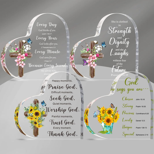 Pinkunn 4 Pcs Christian Gifts for Women, Inspirational Acrylic Bible Verse Decor, Religious Heart Plaque with Scripture, Mother's Day Birthday Easter Gifts for Mom, Sister, Friends(Heart)
