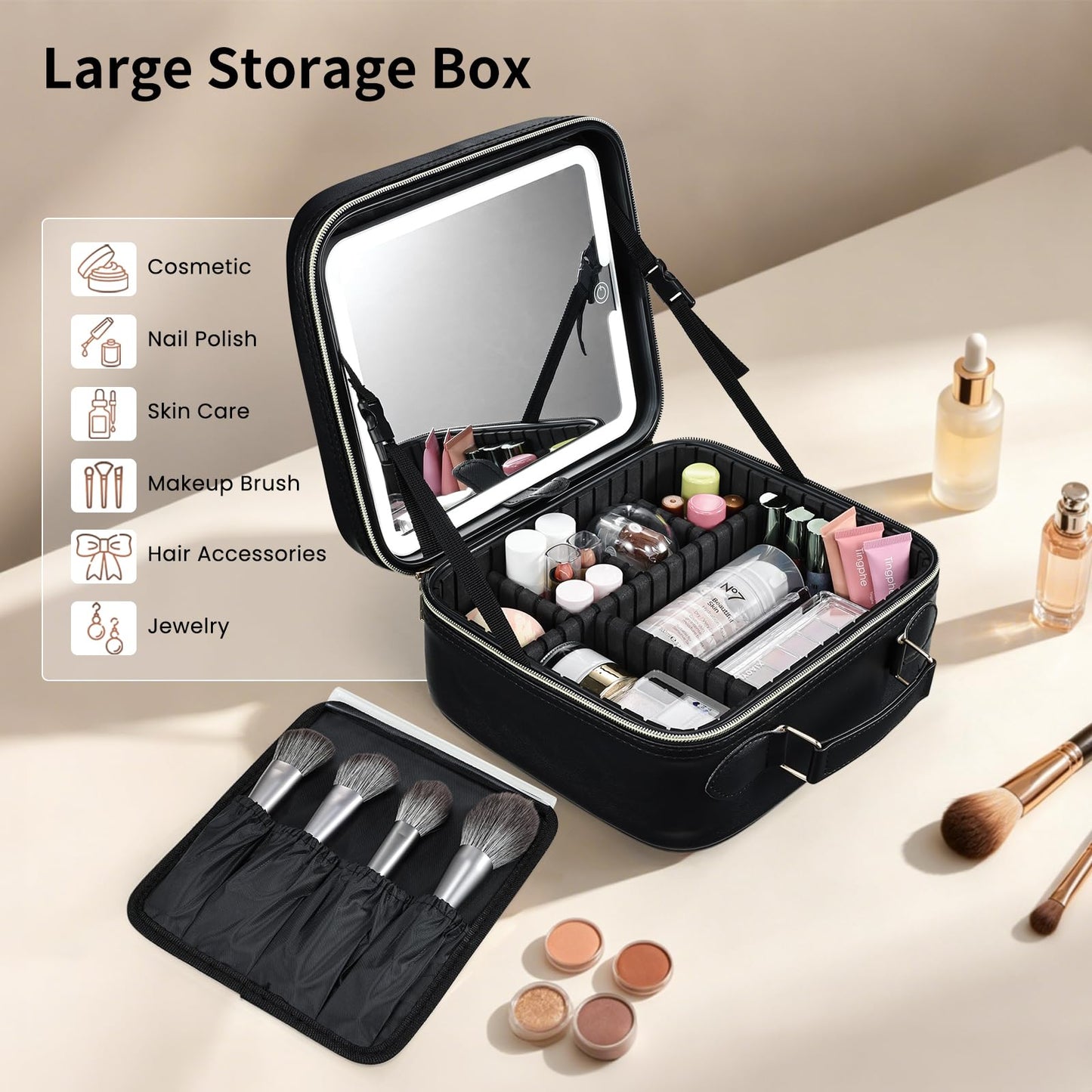 Faquenc Makeup Bag with LED Lighted Mirror 10.2-in Travel Makeup Bag Train Case Adjustable Brightness in 3 Colors Cosmetic Organizer Case Artist Storage Bag with Dividers Brush Holder Bag Vanity Black