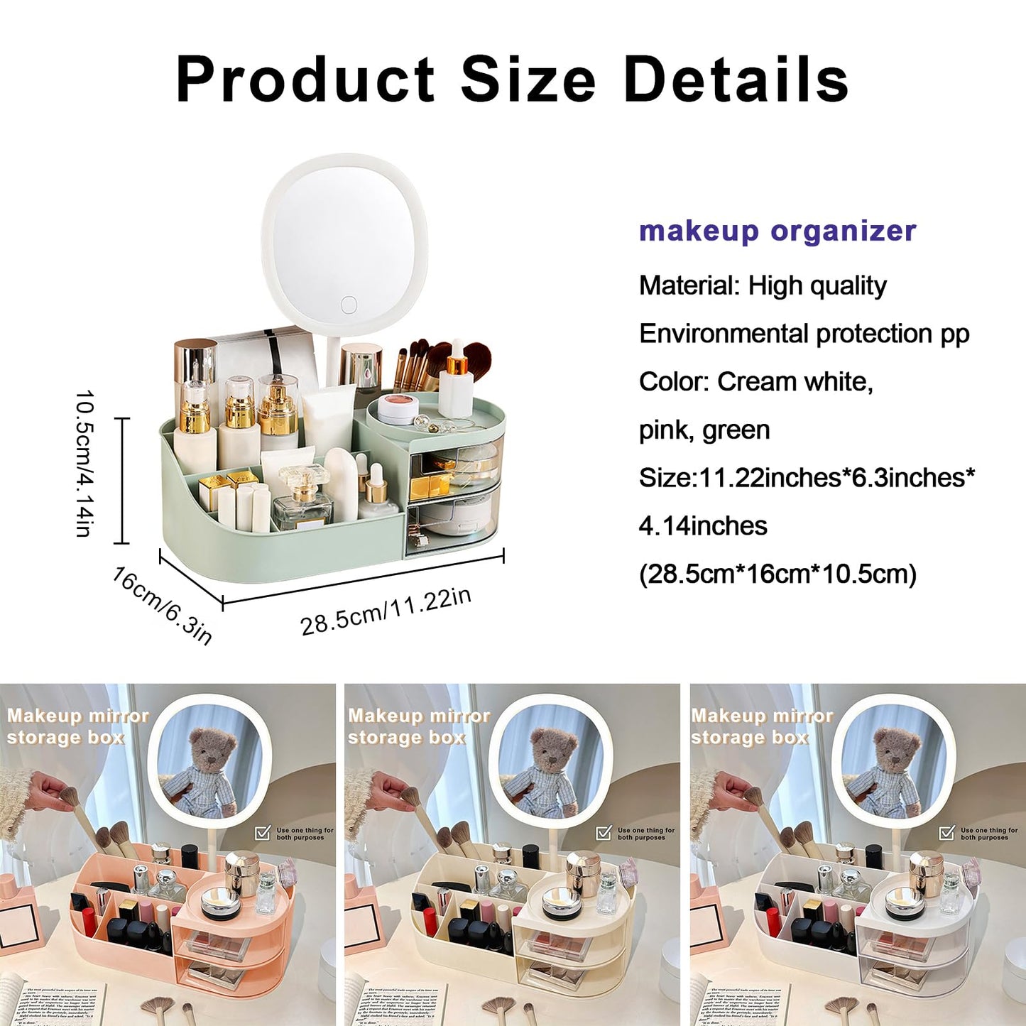 DASITON Makeup Organizer with Rechargeable Mirror,Makeup Brush Holder with 2 Drawers,Skincare and Cosmetics Organizer Countertop,Large Capacity Cosmetic Display Case for Vanity,Bedroom,Bathroom(Green)