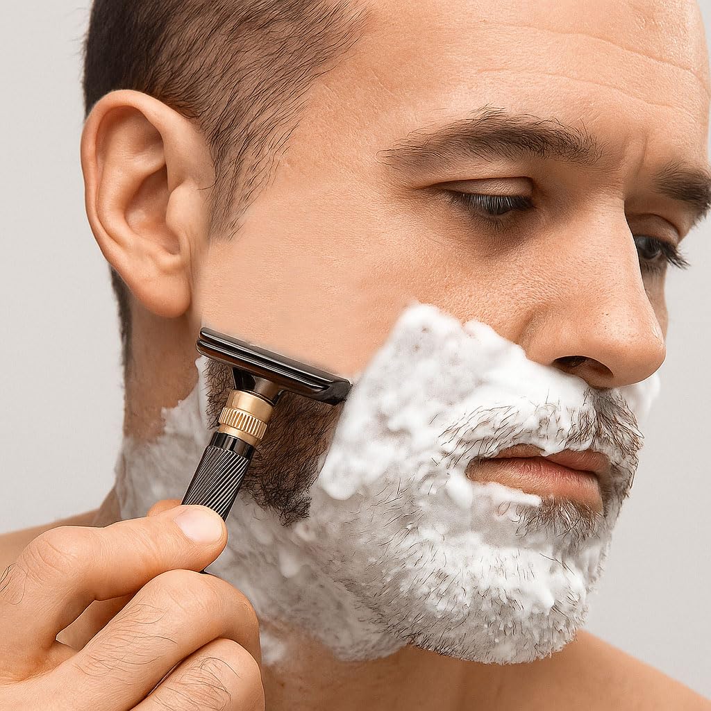 Luxurious and beautifully adjustable safety razor，best razors for men，with 10 platinum-plated razor blades, 1 blade razors reusable smooth close shave (Black + Base)