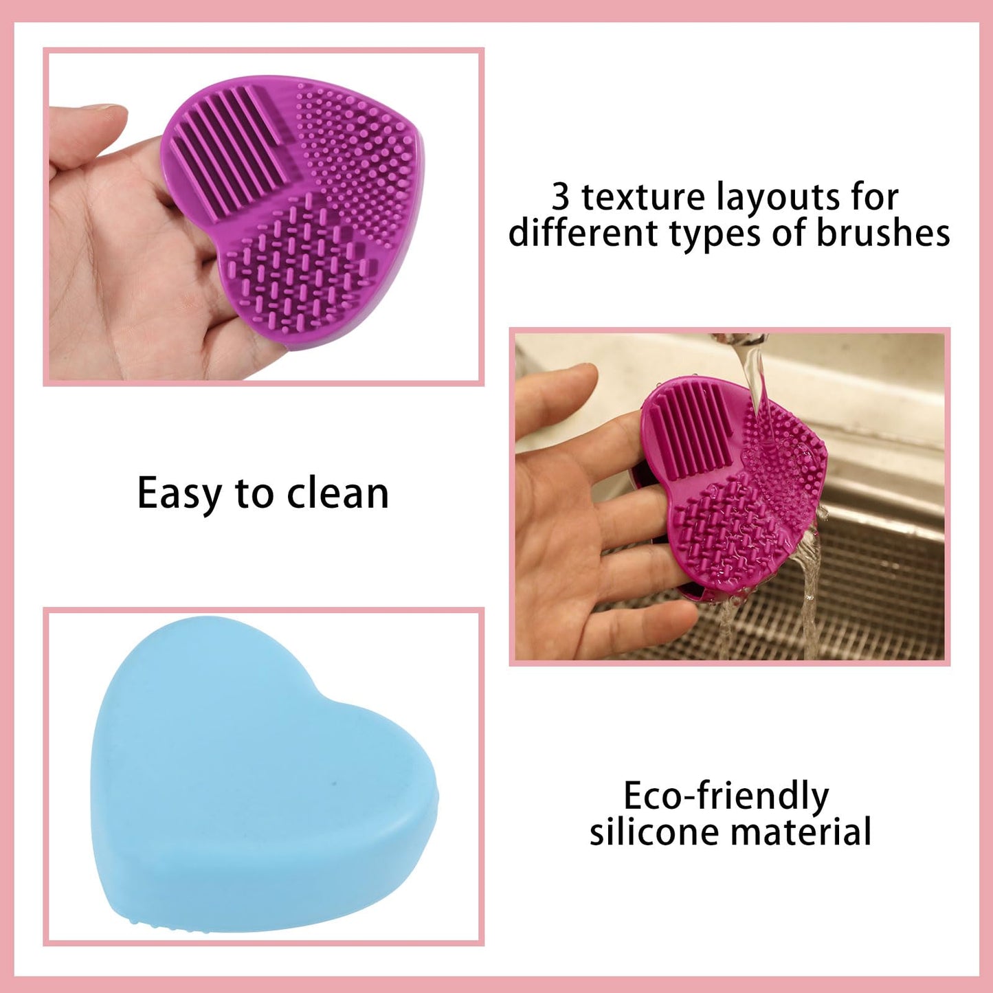 FREEBLOSS 4PCS Quilter Mat Cleaning Pad Heart Shaped Makeup Brush Cleaning Pad for Brushes, Silicone Cleaner Pads Rose Pink, Blue, Pink, Purple 3.2" x 3" x 1"
