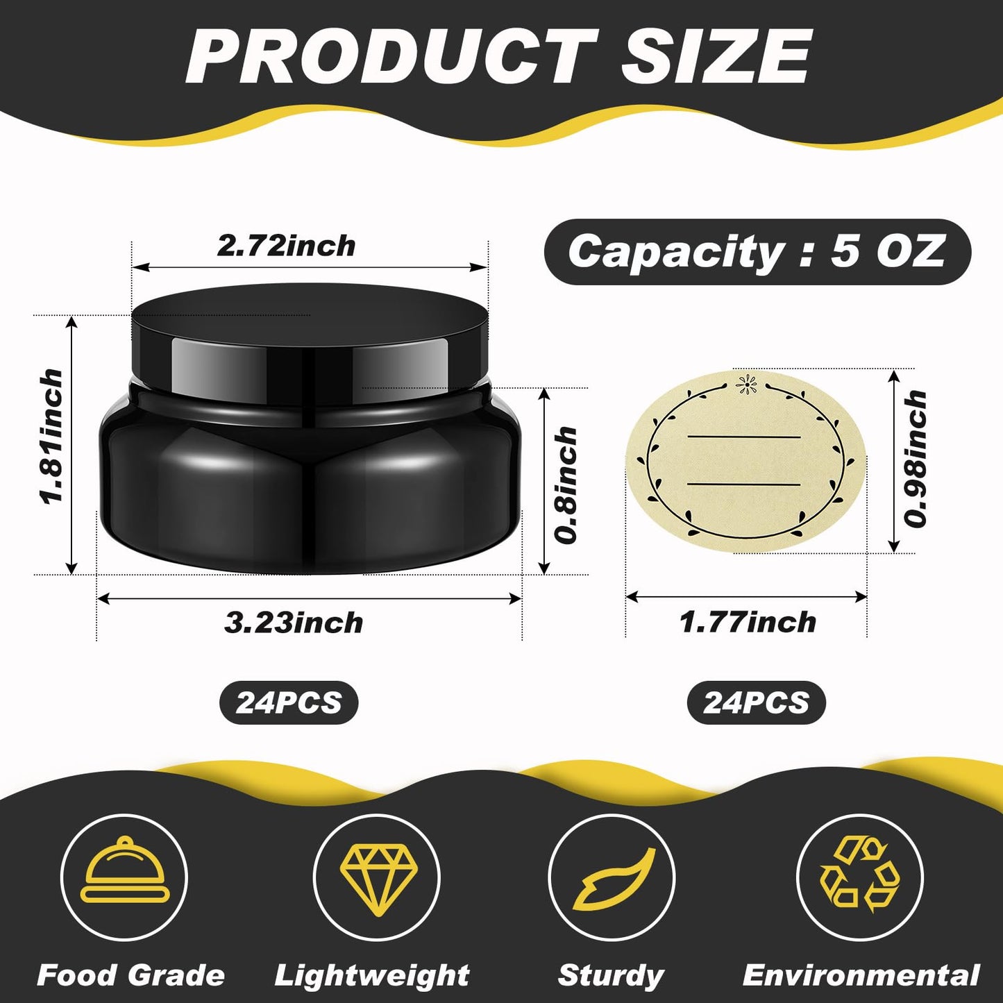 Tessco for you 24 Pack Plastic Jars with Lids Labels Multiuse Slime Containers Empty Body Scrub Jars Round Refillable Cosmetic Body Butter Container for Makeup (5 oz,Black)