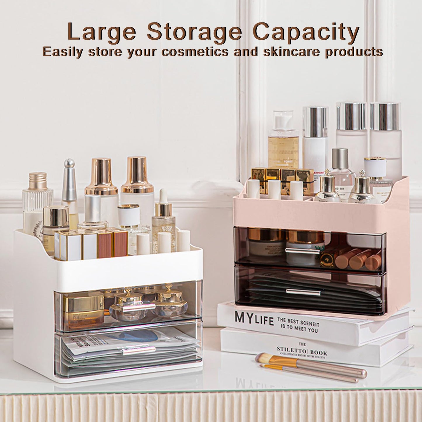 DASITON Makeup Organizer with 2 Drawers, Large Capacity Makeup Cosmetic Organizers for Vanity Dresser Bathroom Countertop, Vanity Organizer Makeup Storage Box for Skincare, Eyeshadow, Lotions (White)