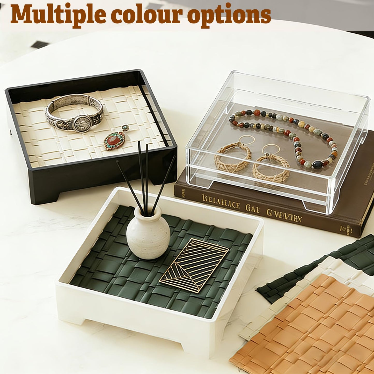 7-Inch Square Decorative Tray, Multi-Purpose Organizer for Keys, Cosmetics, Jewelry, Snacks, Modern Minimalist Style (Black + White mat)