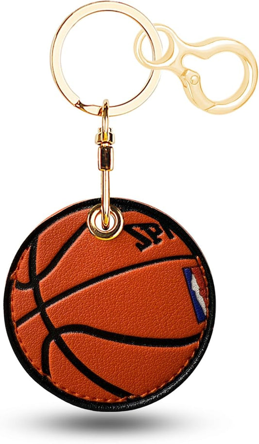 Leather Keychain for Airtag, Cute Protective Keychain Holder Compatible with Apple Air Tag,GPS Item Tracker Case Cover for Keys,Bags,Pets,Luggage(Basketball)