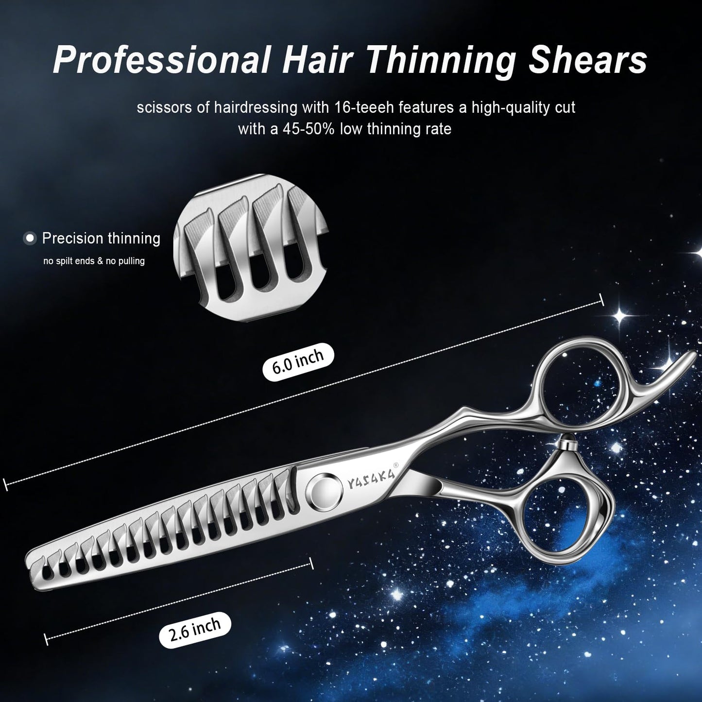 High-end Professional Hair Cutting 16 Teeth Thinning Scissors 6" with Extremely Sharp Convex Blades,Cobalt Alloy Steel barber hairdressing texturizing scissors For Men Women Salon& Home -Silver