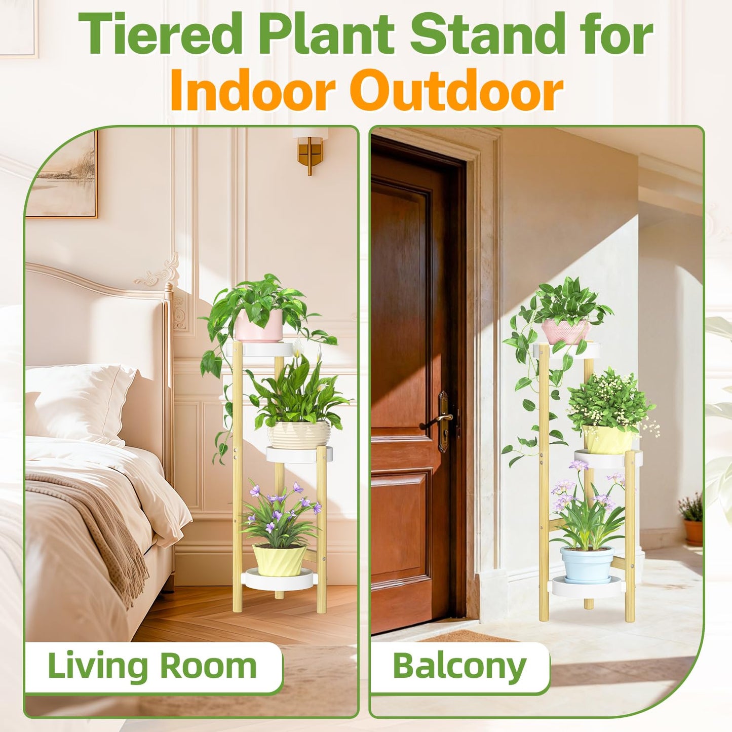 iDavosic.ly 3 Tier Bamboo Plant Stand Indoor Outdoor with Plastic Tray, Tiered Corner Flower Holder Shelf, Space Saving Orchid Display Rack for Patio Porch Living Room Garden Balcony, Natural White