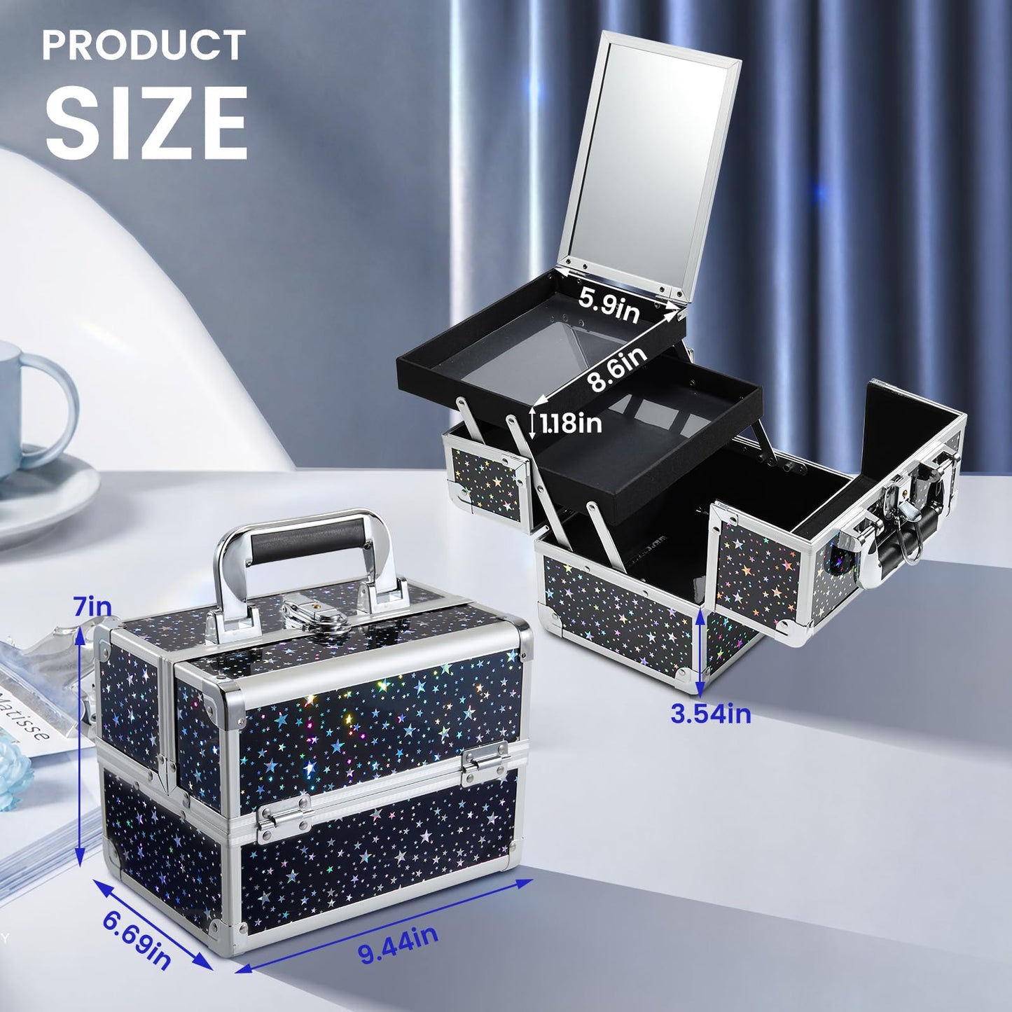 Joligrace Makeup Train Case Portable Cosmetic Box 2 Trays with Mirror Lockable for Makeup Nail Tech and Beauticians Traveling Makeup Storage Organizer - Black Star