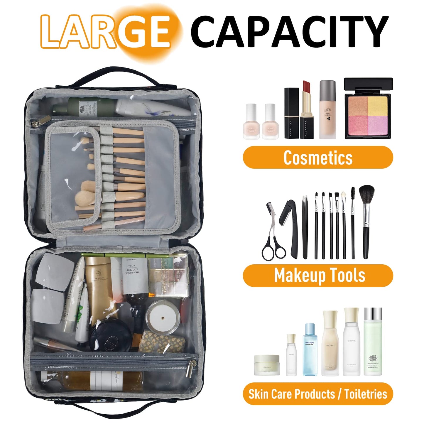 Gloppie Travel Toiletry Bag for Women Makeup Bag Big Cosmetic Bag Make Up Case Organizer for Beauty & Skincare Care Accessories White Flower