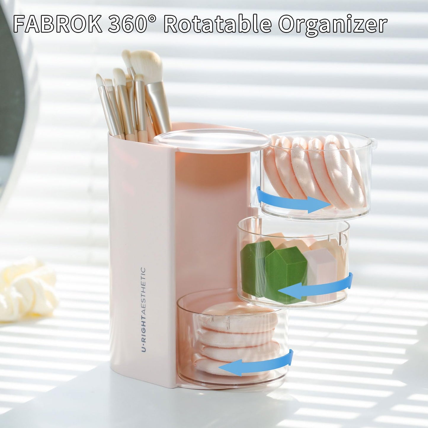 FABROK 3-Layer Hair Accessories Organizer with Brushes Holder, Rotating Small Jewelry Box for Hair Ties Clip Earring Necklaces, Bathroom Vanity Desktop Organizer Case for Cotton Swab(Pink)