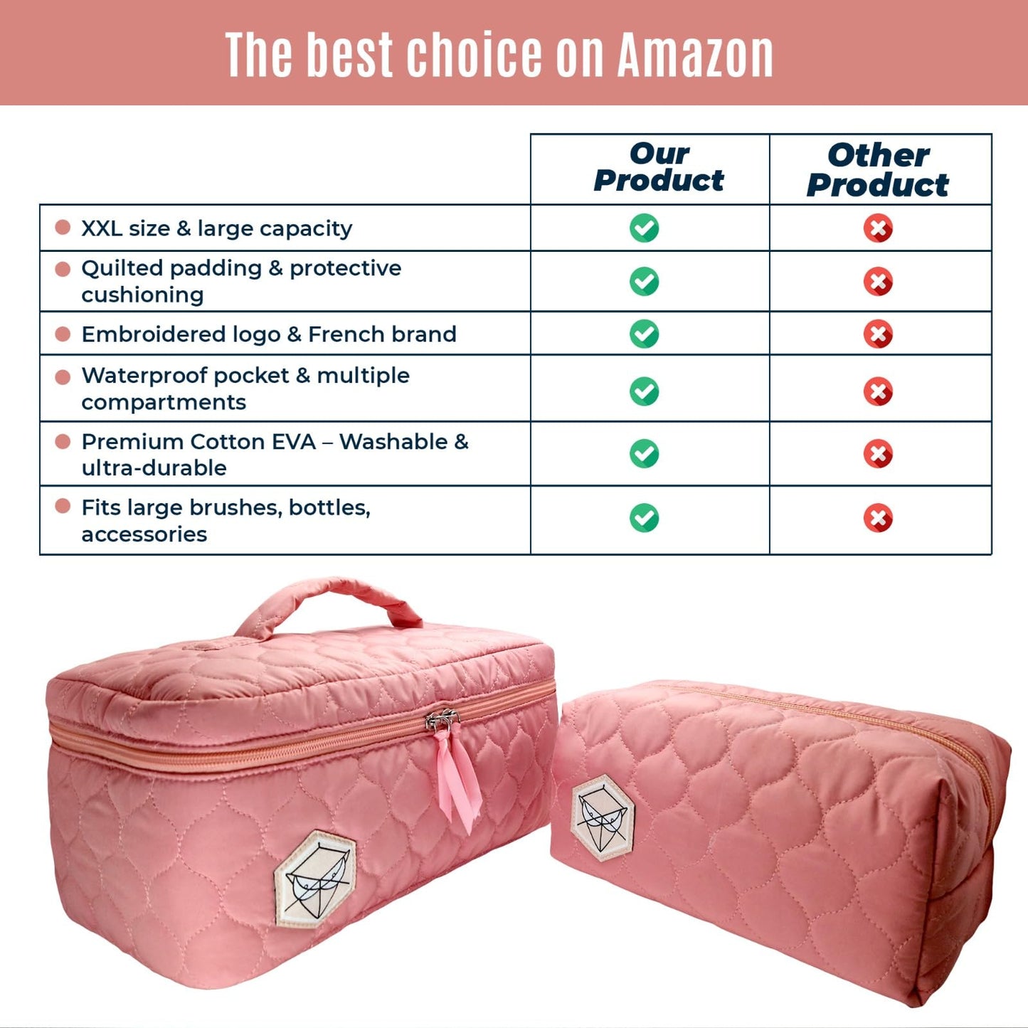 PINK PROTECT XL Quilted Makeup Bag Set of 2 - Extra Large Makeup Bag + Toiletry Bag for Women, Waterproof & Lightweight Cotton with Multiple Compartments, Perfect for Travel, Premium Stitching (Pink)