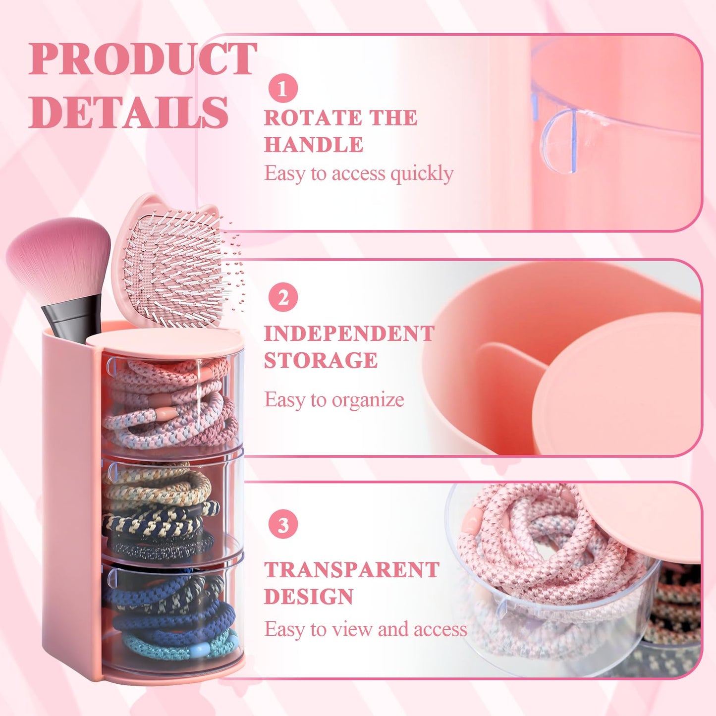 SPOKKI 2 Pcs Hair Accessories Organizer with Hair Brush Holder, 3-Tier Rotating Makeup Brush Organizer, Hair Tie Hair Clip Organizer, Jewelry Hair Storage Organizer for Girls, Pink