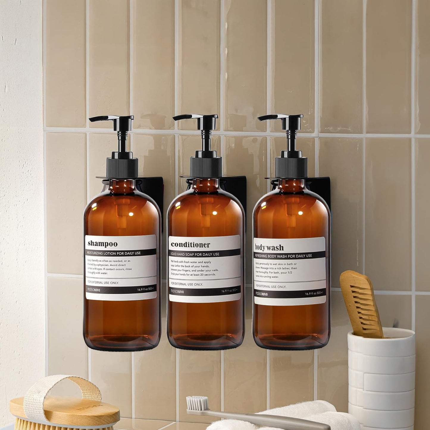 BPFY 4 Pack 16 oz Amber Glass Bottles with Pumps for Shampoo, Essential Oils, Cleaning Products, Lotions, Aromatherapy Oil, Pump Bottles, Refillable Containers with Cap, 8 Chalk Labels, 1 Pen