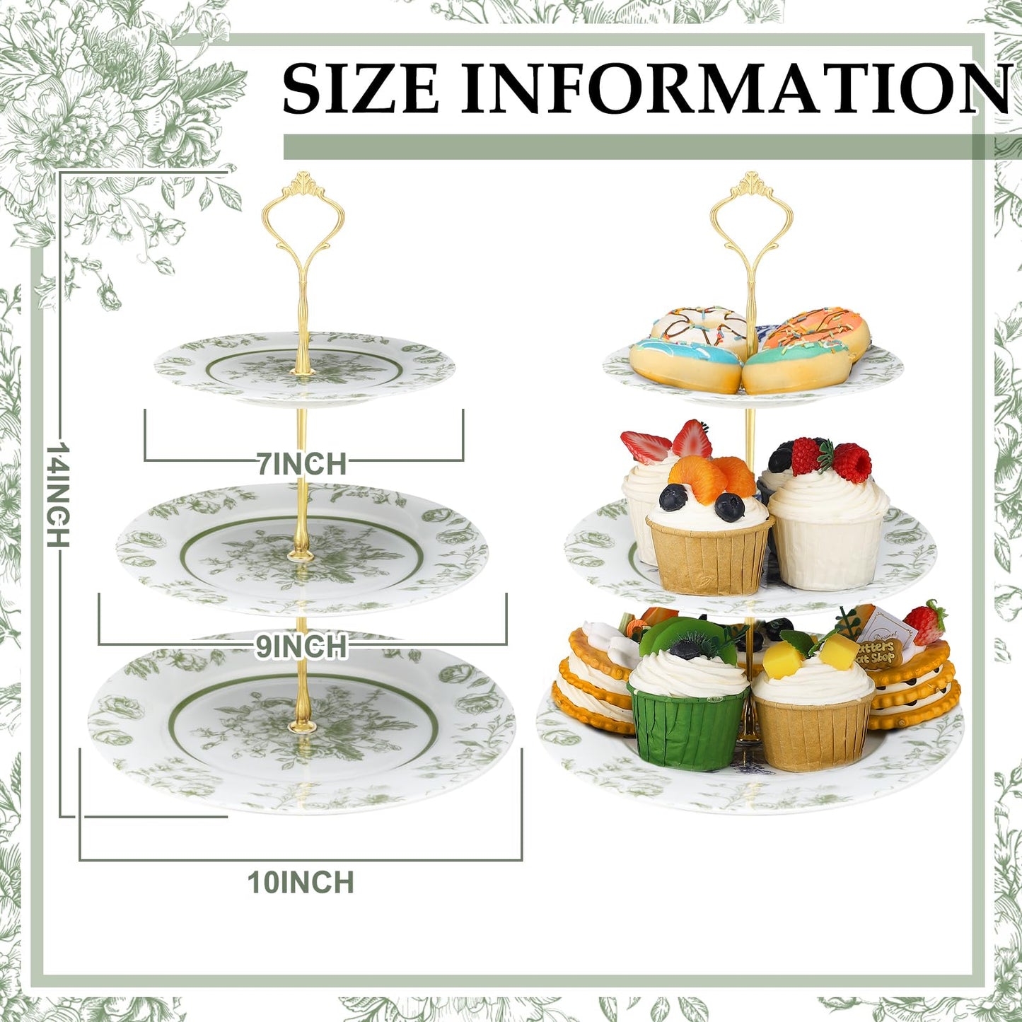 Lallisa Sage Green Floral 3 Tier Dessert Stand 10", 9" and 7" Ceramic Vintage Chinoiserie Tea Party Tiered Tray Cupcake Stand Display Holder Tower for Wedding Baby Shower Bridal Shower Tea Party