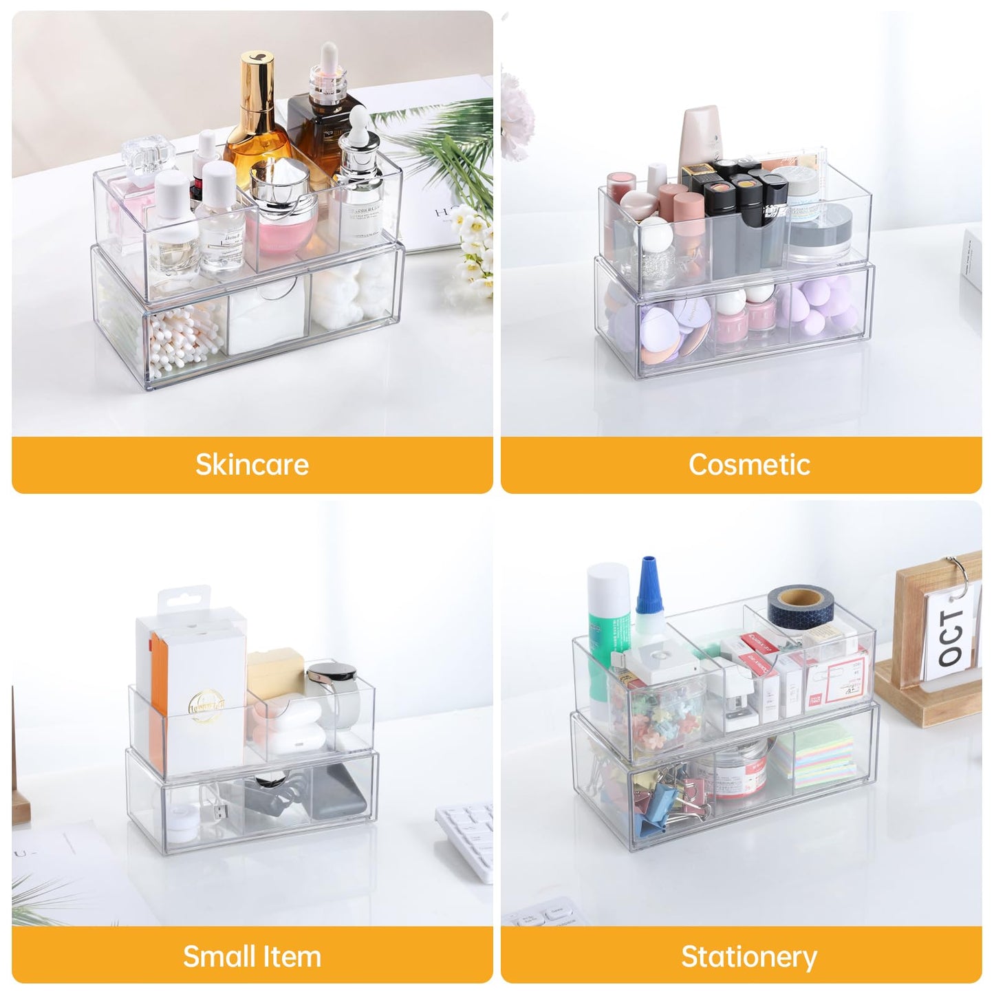 PAVSTINE Medicine Cabinet Organizer 2 Pack, Stackable Storage Drawers with Removable Divider, Make Up Organizer for Bathroom Mirror Cabinets, Vanity, Closet, Countertop - Clear