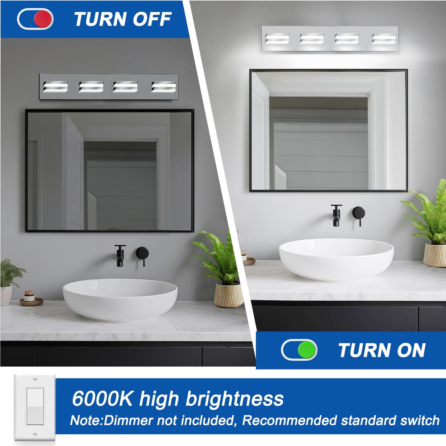 IZORRO LED Modern Bathroom Lights Fixtures(4-Light,Dimmable,360°Rotate),Chrome Acrylic Wall Lighting,Vanity Lights for Bathroom Over Mirror - 6000k 24In （No Assembly Required）