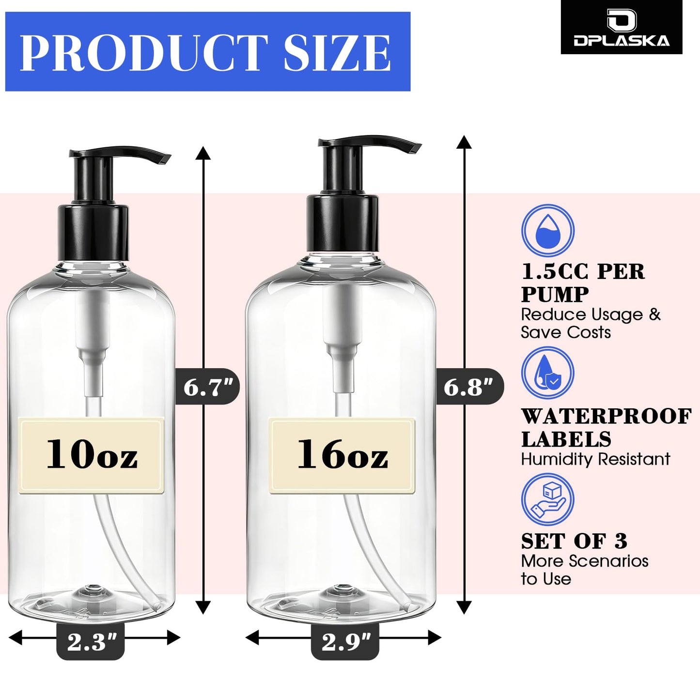 3 Packs Pump Bottle 16oz Empty Shampoo and Conditioner Bottles for Body Wash Lotion Clear Bottle Dispenser with Black Pump